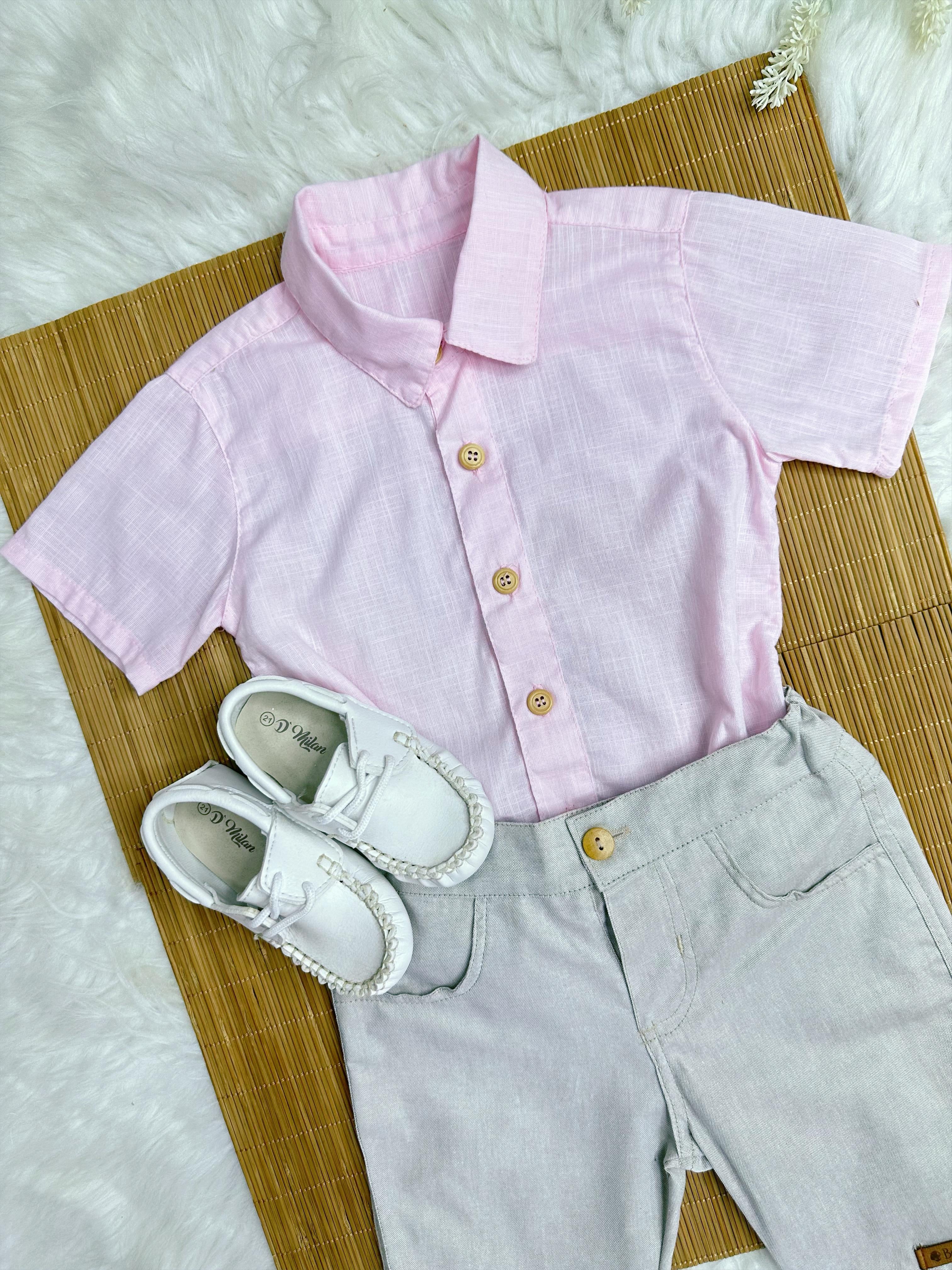 Conjunto Meninos Camisa Rosa Mescla Bermuda Bege Casual
