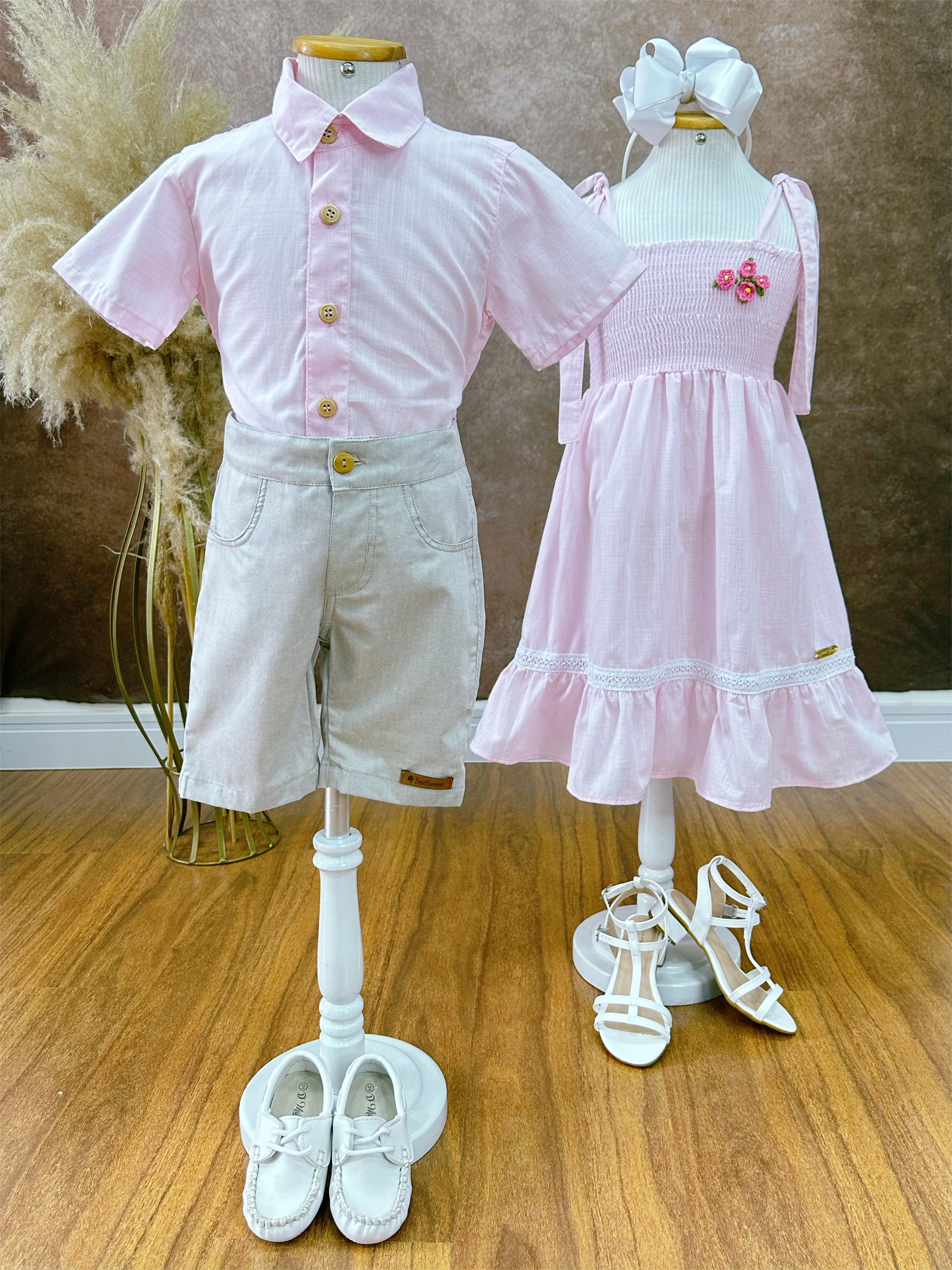 Conjunto Meninos Camisa Rosa Mescla Bermuda Bege Casual