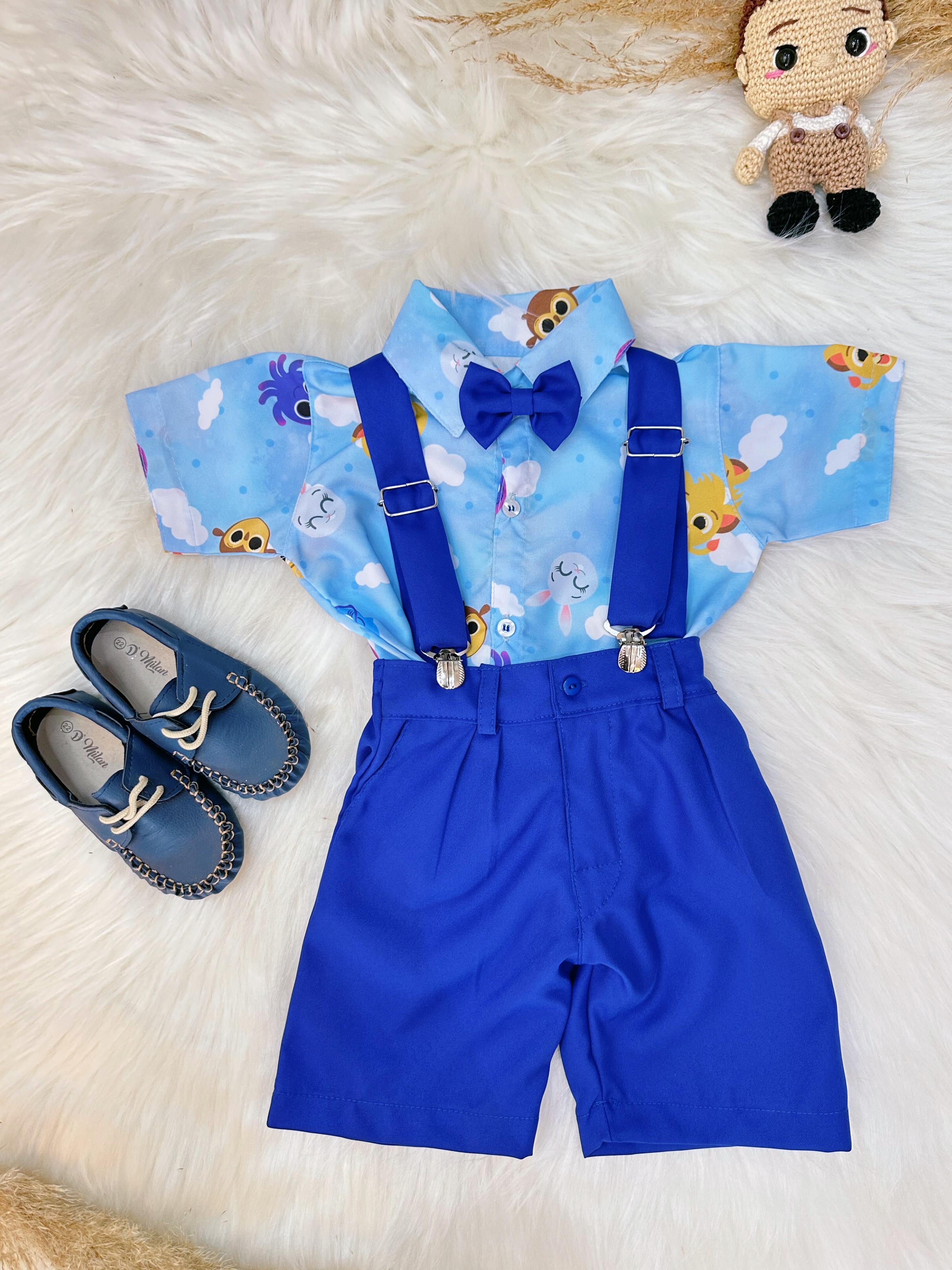 Conjunto Meninos do Bolofofos Azul Com Short Susp.e Camisa