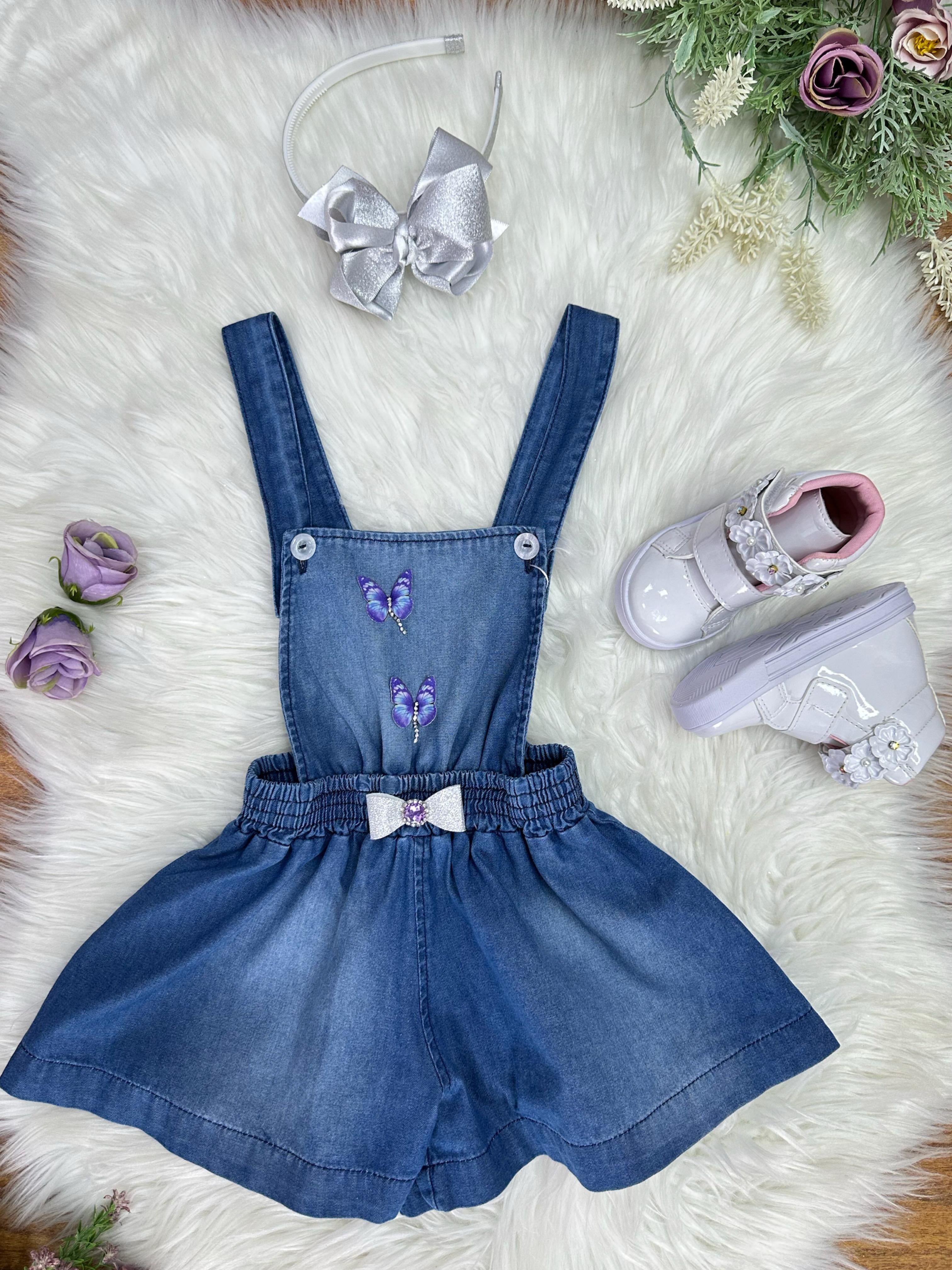 Macaquinho Infantil Jeans Azul Casual Festas Luxo