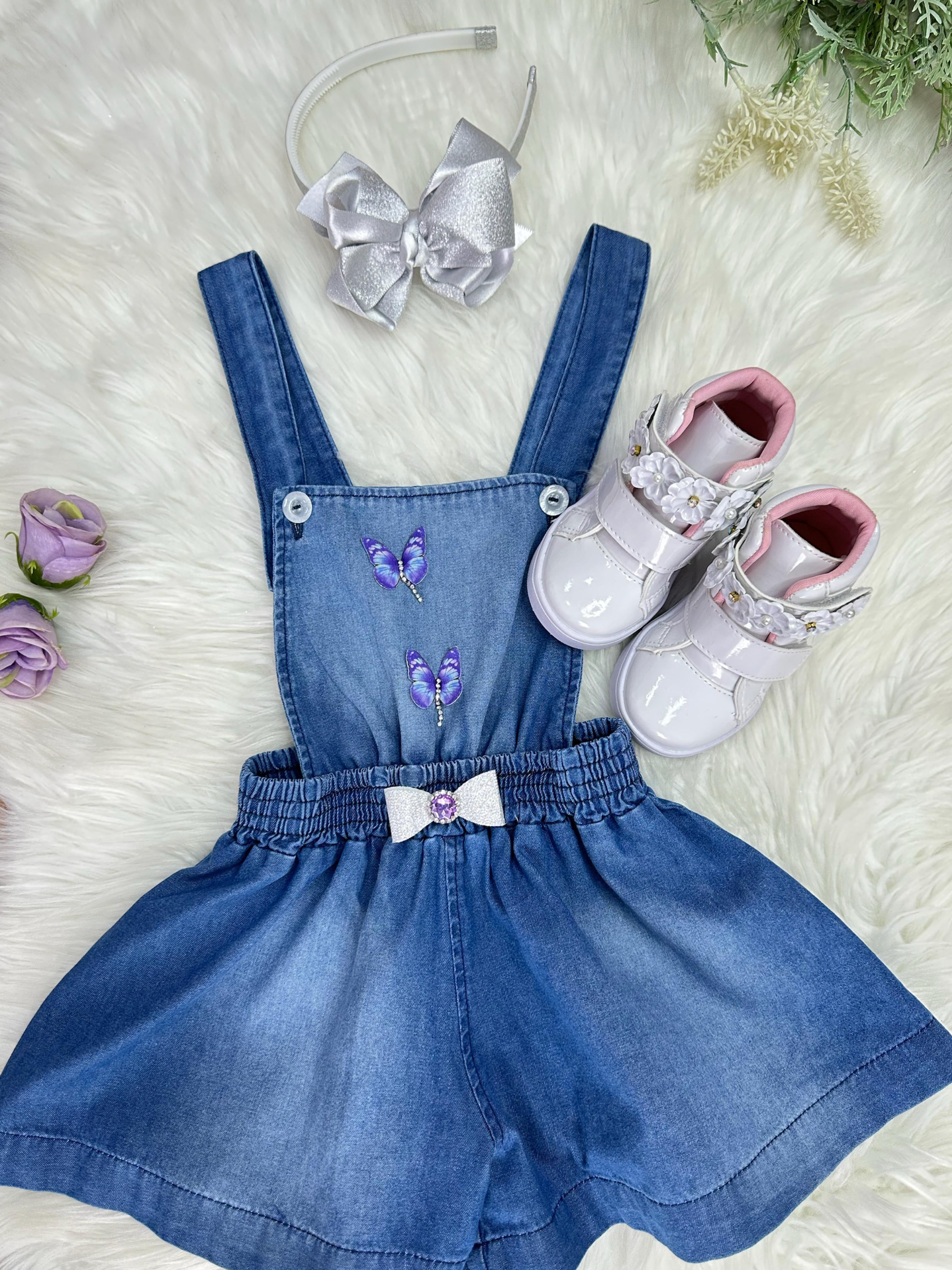 Macaquinho Infantil Jeans Azul Casual Festas Luxo