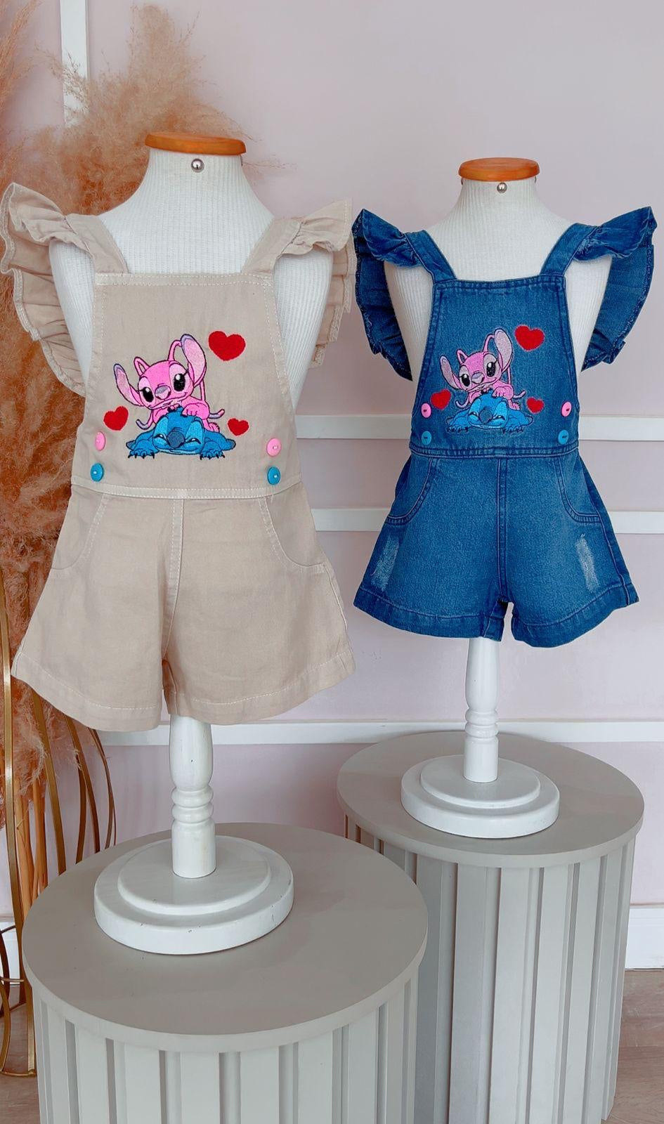 Macaquinho Jardineira Infantil Bege Lilo e Stitch Super Luxo