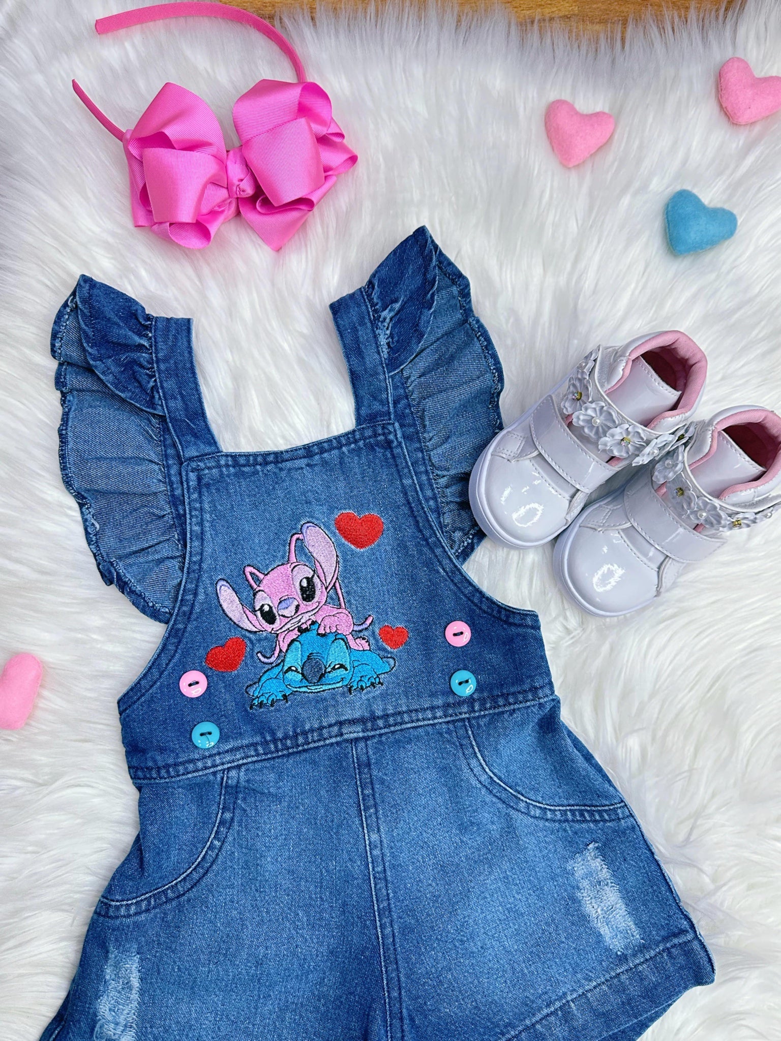 Macaquinho Jardineira Infantil Jeans Lilo e Stitch Luxo