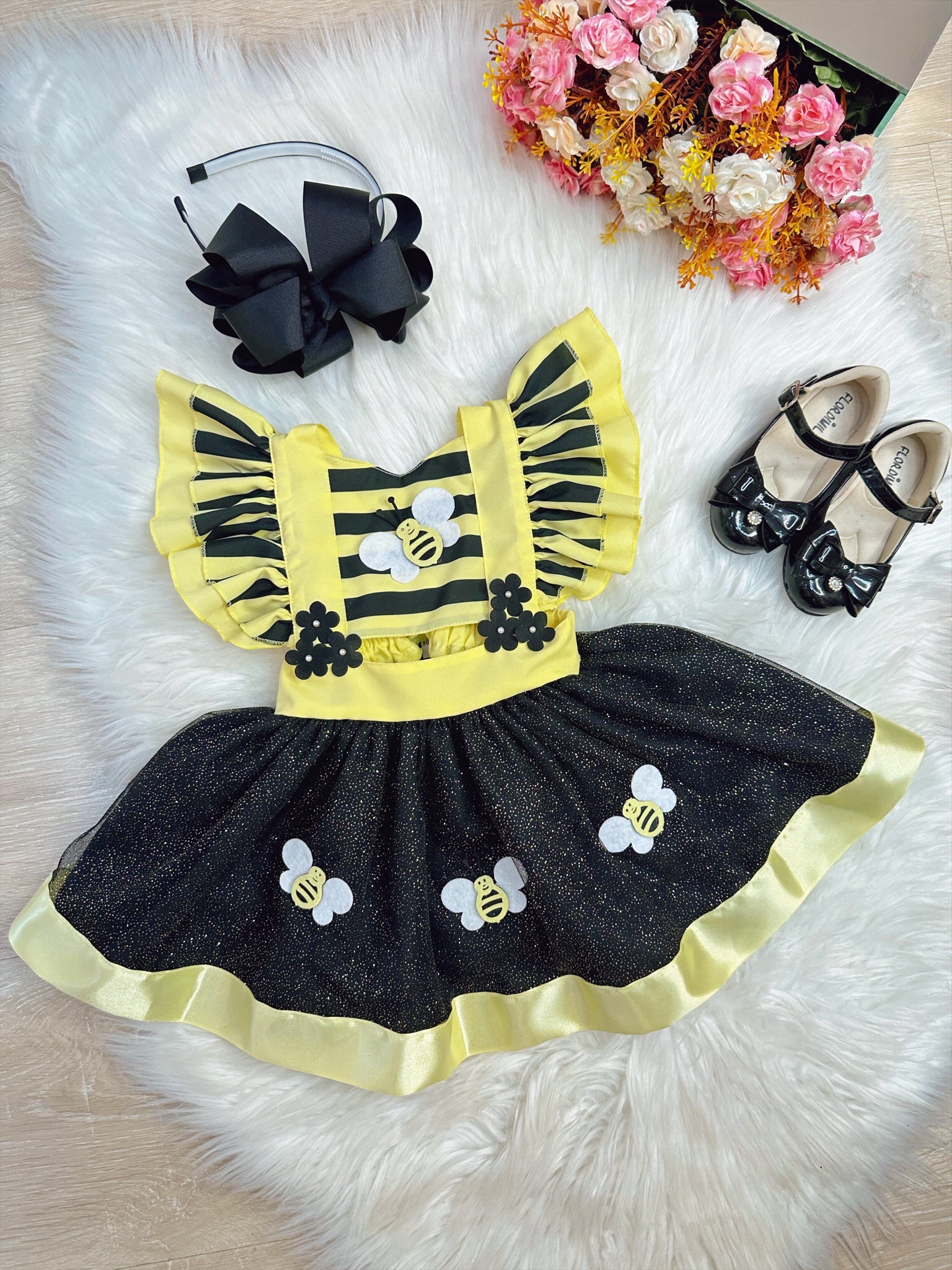 Romper Abelhinha Com Asa e Apliques Luxo Amarelo