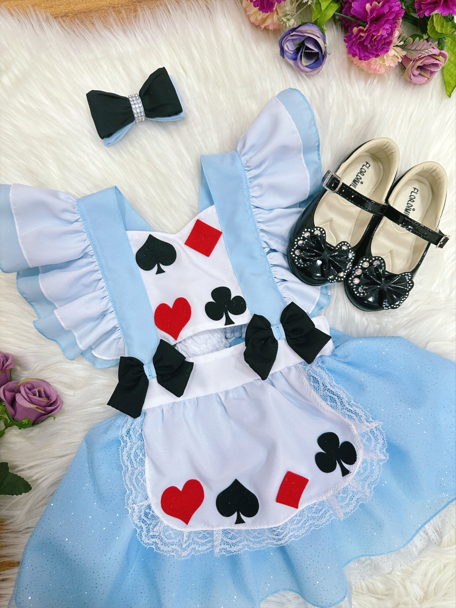 Romper Alice no Pais das Maravilhas Azul Glitter Festas Luxo