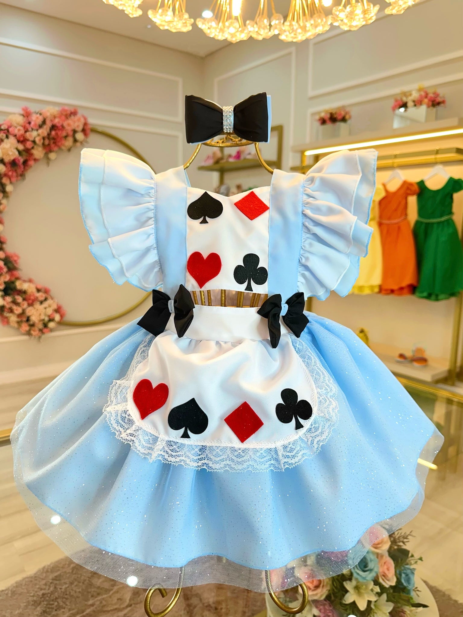 Romper Alice no Pais das Maravilhas Azul Glitter Festas Luxo