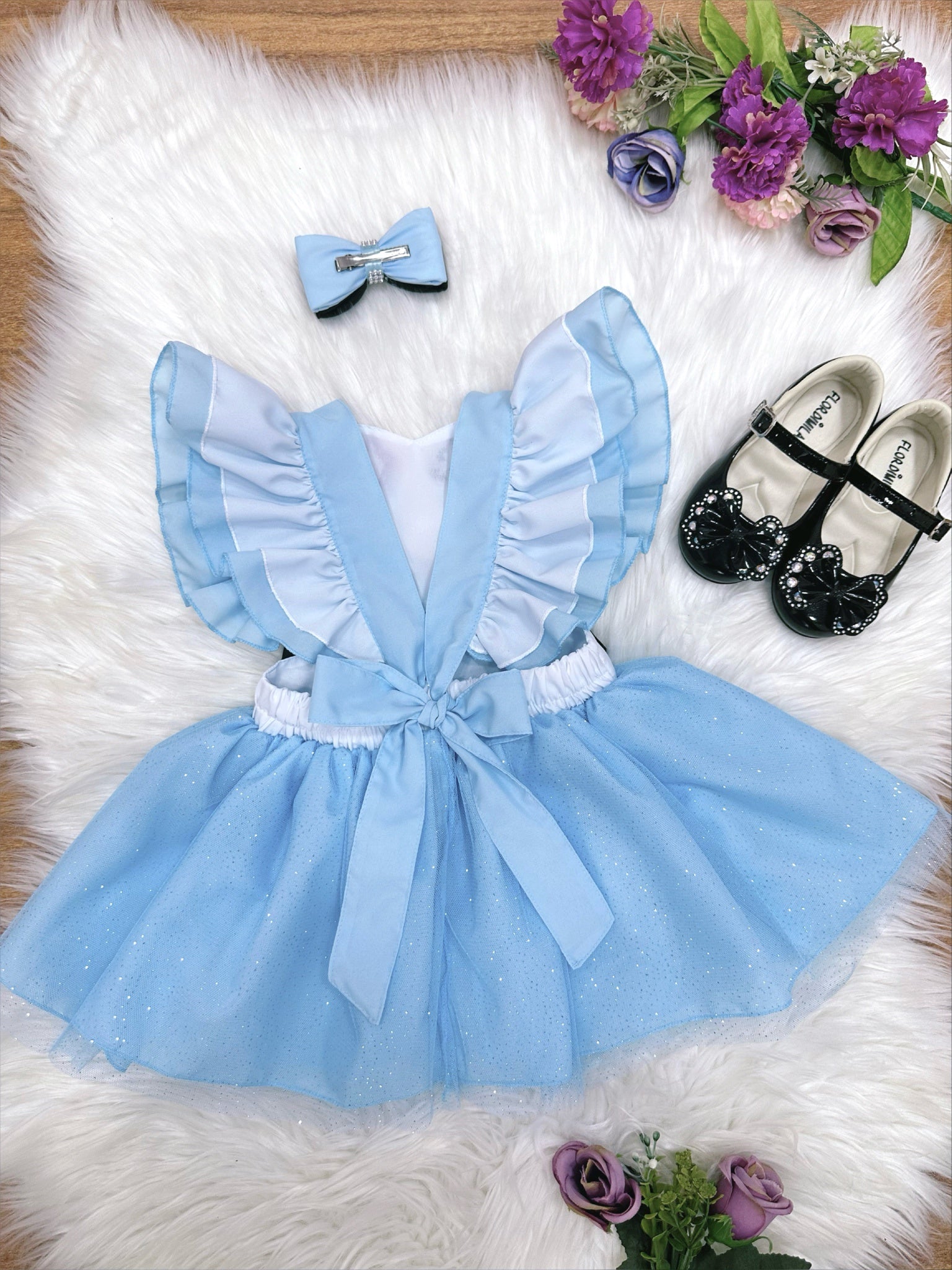 Romper Alice no Pais das Maravilhas Azul Glitter Festas Luxo