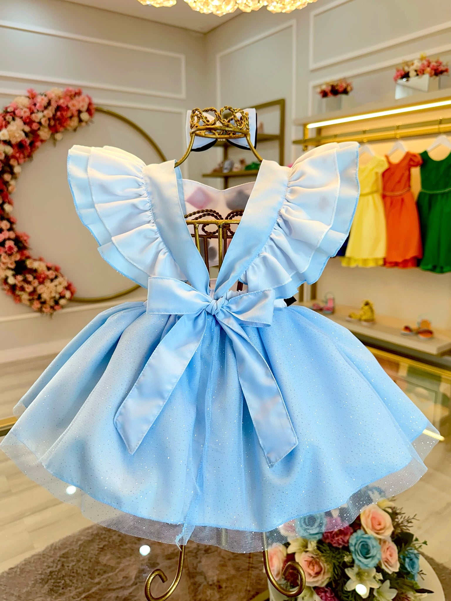 Romper Alice no Pais das Maravilhas Azul Glitter Festas Luxo