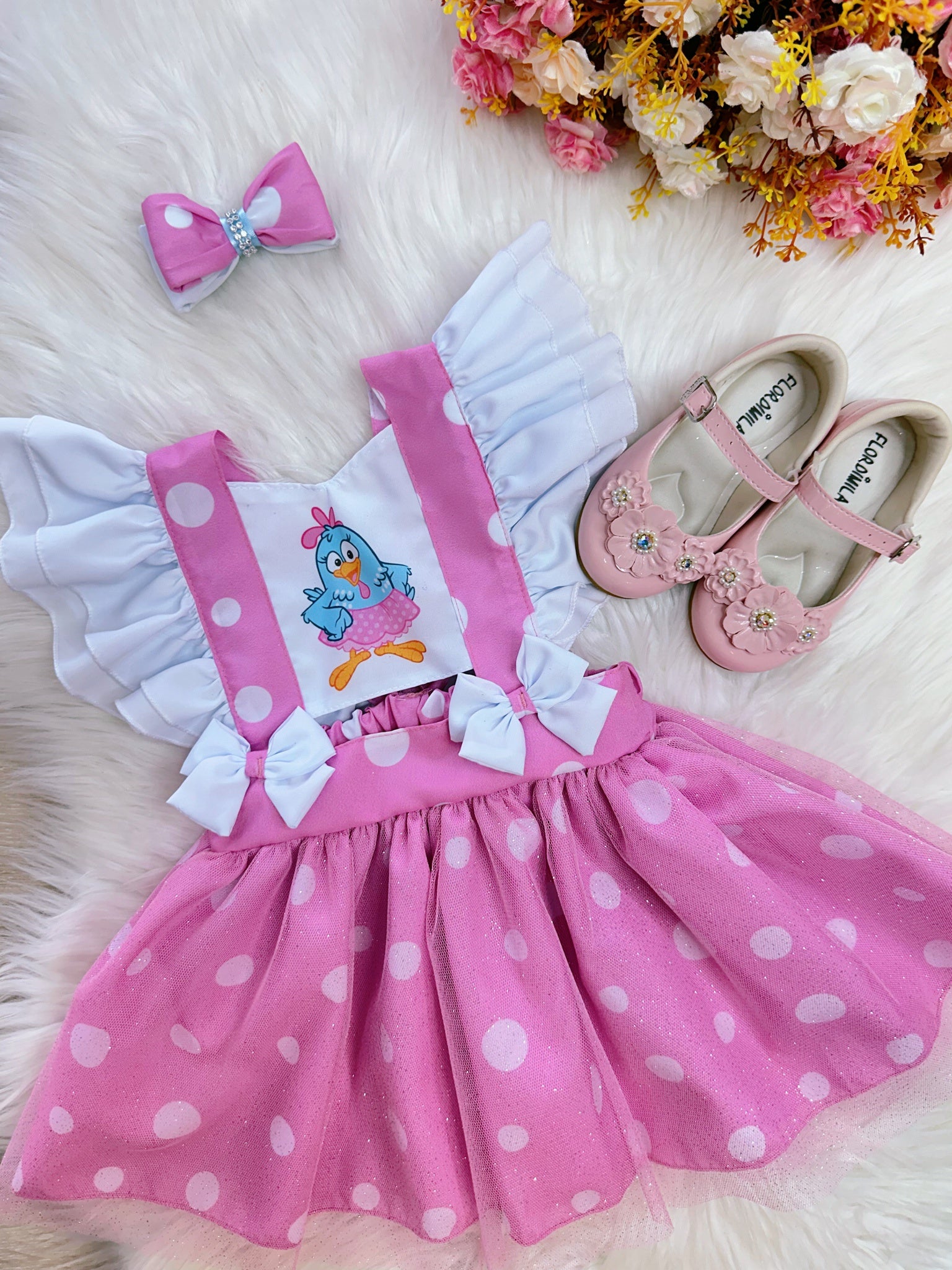 Romper da Galinha Pintadinha Rosa Com Laço Luxo