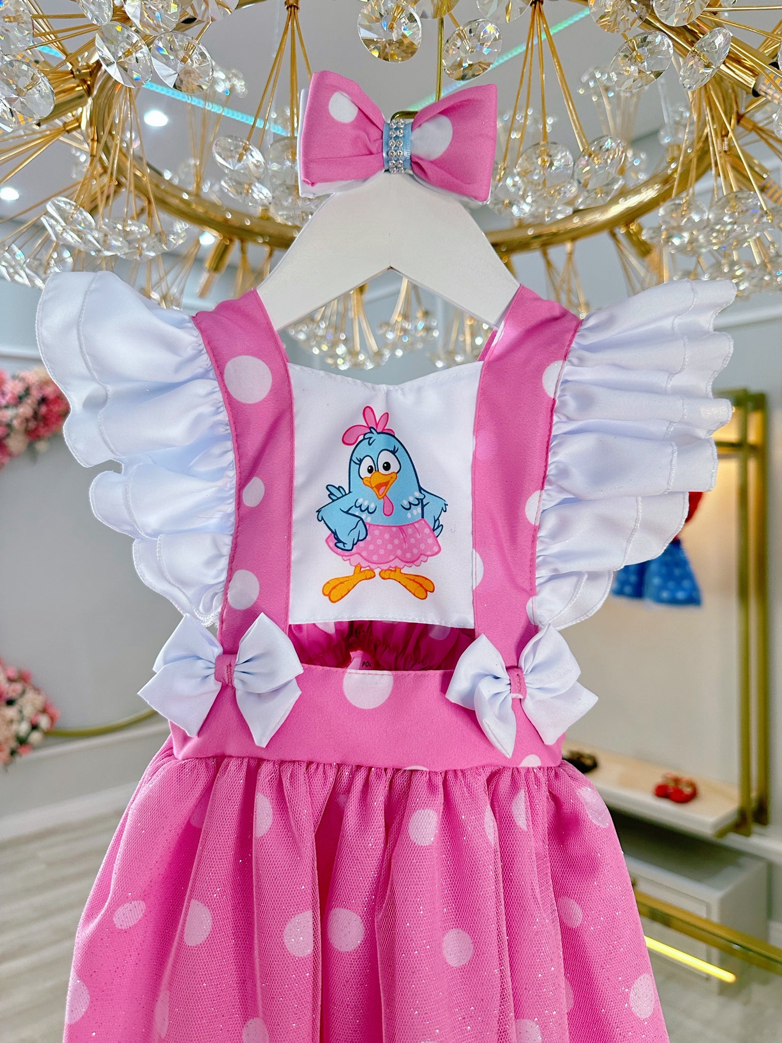 Romper da Galinha Pintadinha Rosa Com Laço Luxo