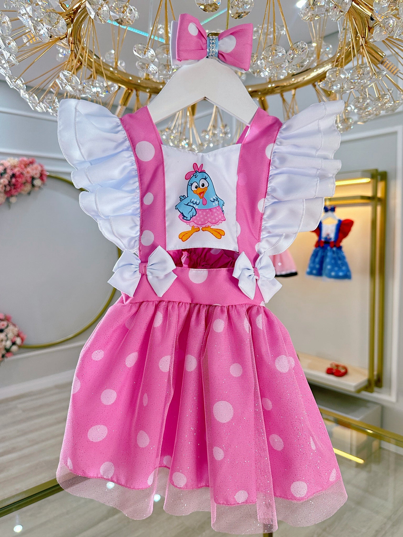 Romper da Galinha Pintadinha Rosa Com Laço Luxo