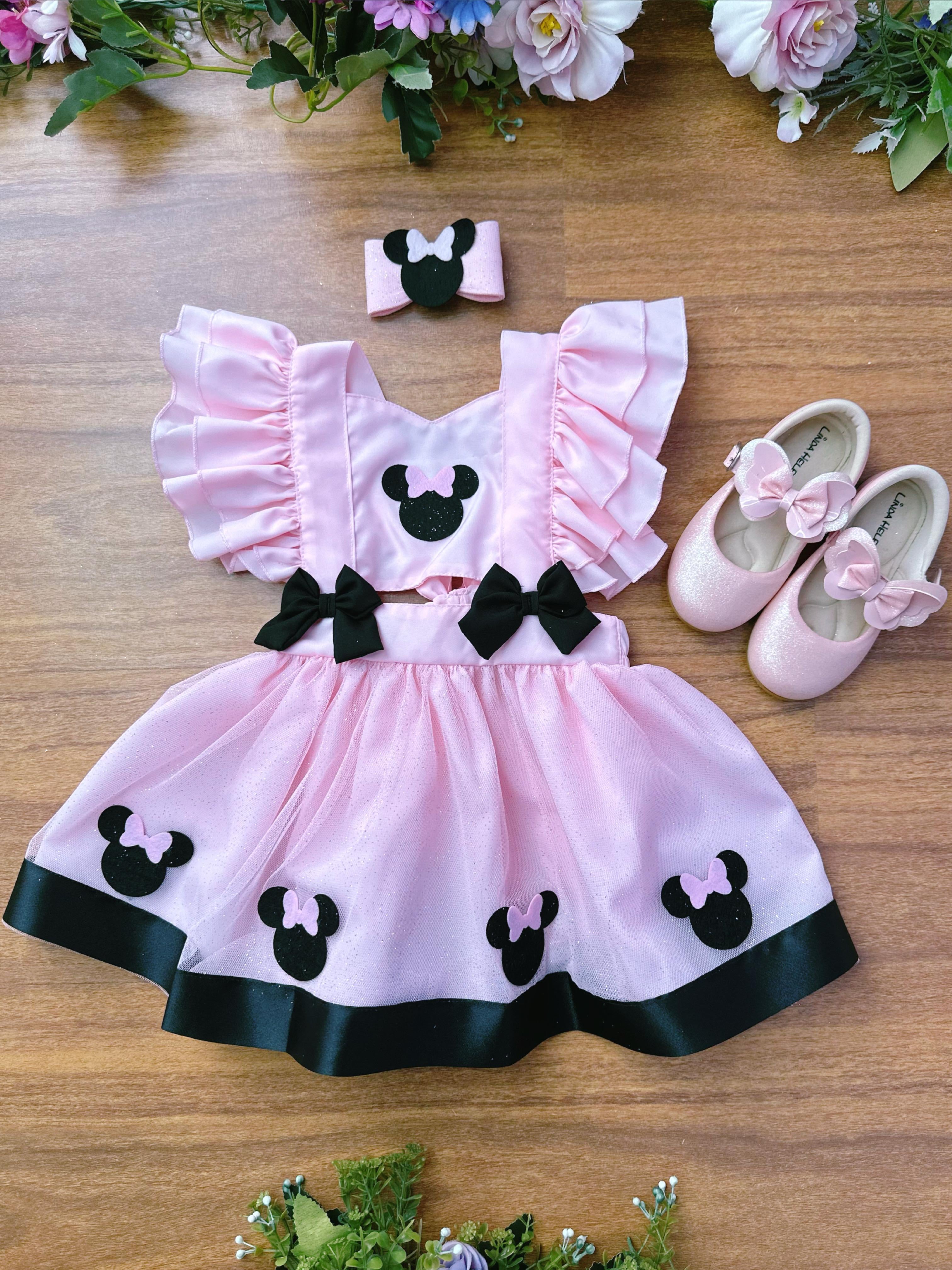 Romper da Minnie Rosa Com Laço e Saia Glitter Luxo Festas