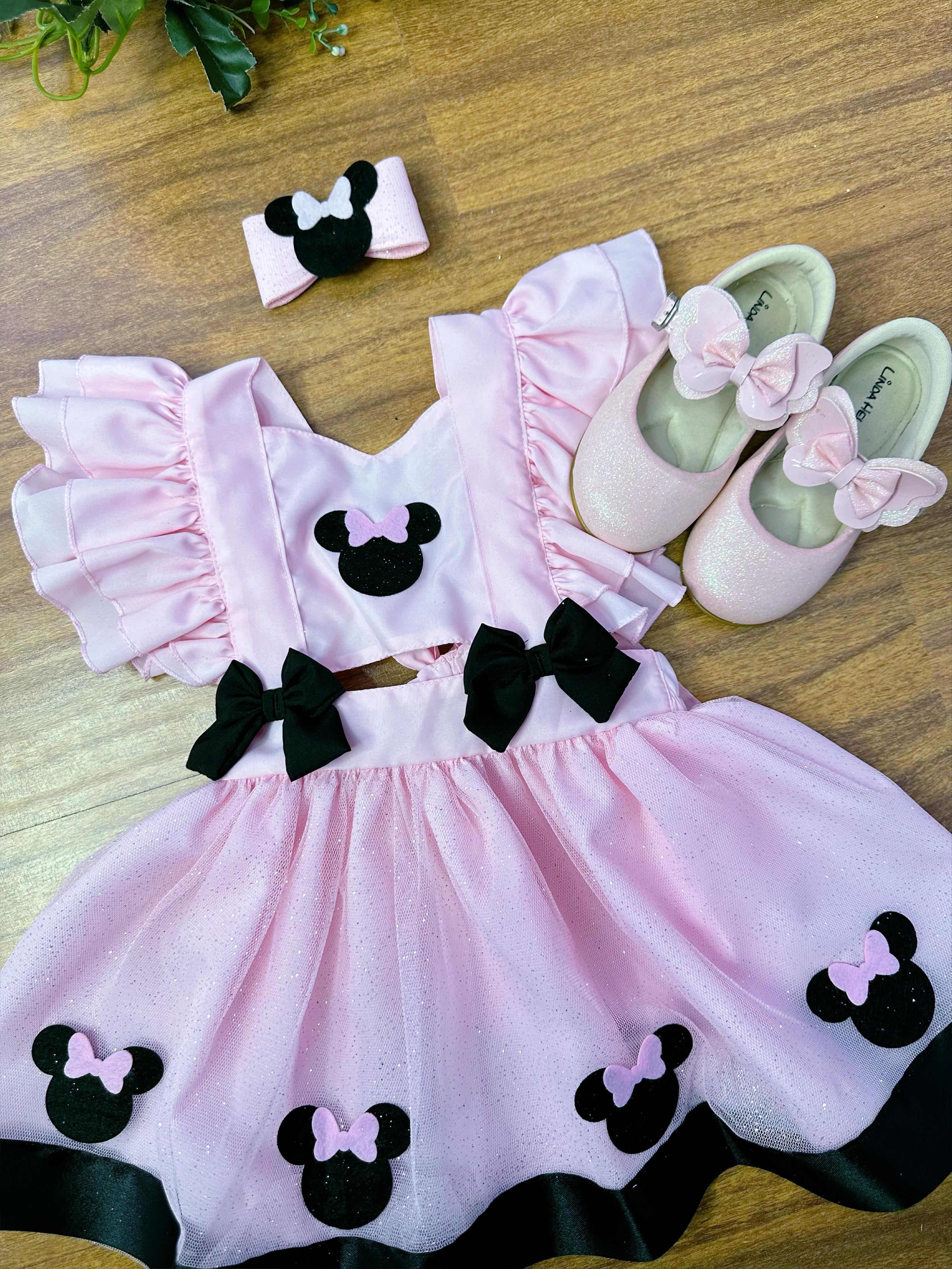 Romper da Minnie Rosa Com Laço e Saia Glitter Luxo Festas