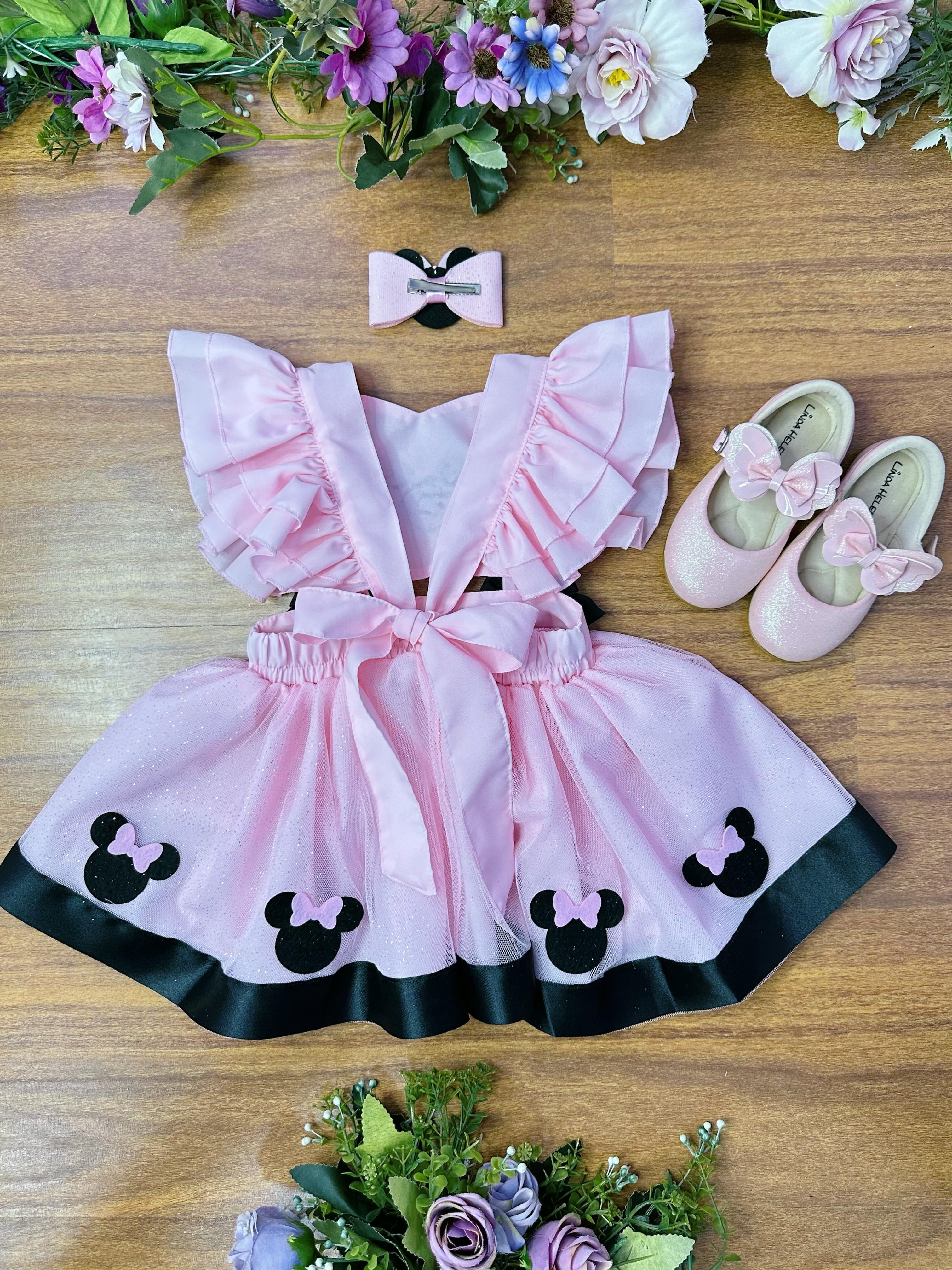 Romper da Minnie Rosa Com Laço e Saia Glitter Luxo Festas