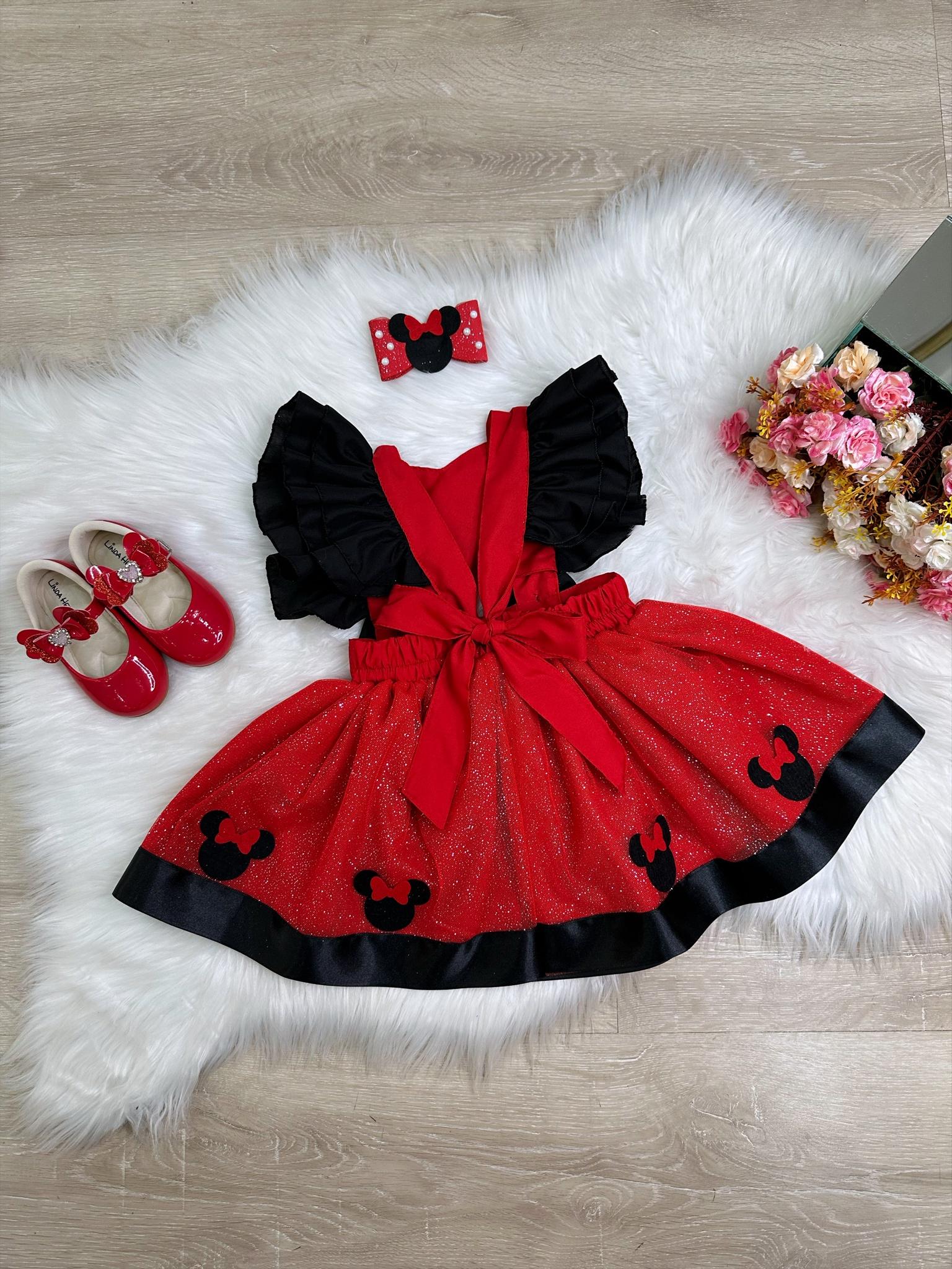 Romper da Minnie Vermelha Com Laço e Saia Glitter Luxo