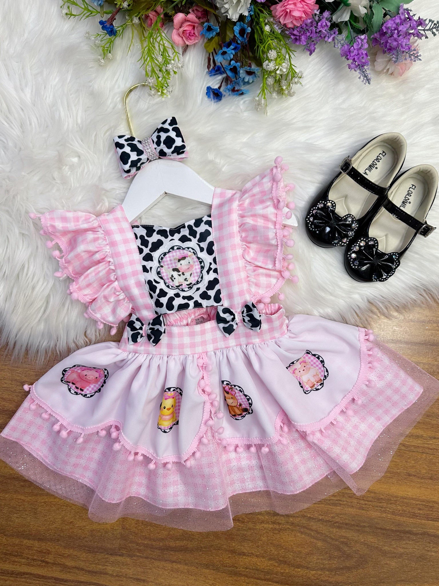 Romper Fazendinha Vaquinha Rosa Xadrez C/ Laço Festas Luxo