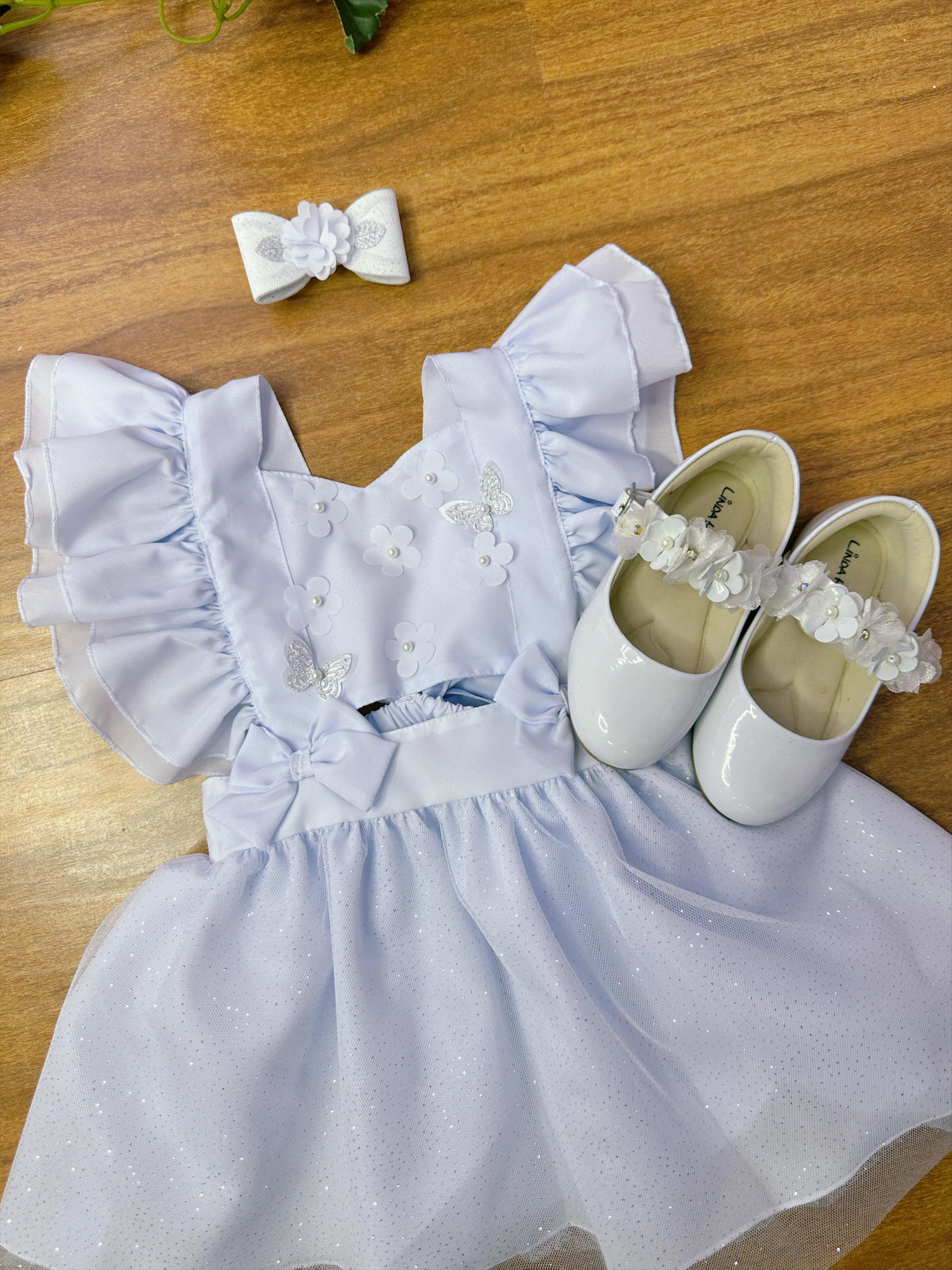 Romper Jardim Encantado Batizado Branco C/ Laço e Saia Glitter