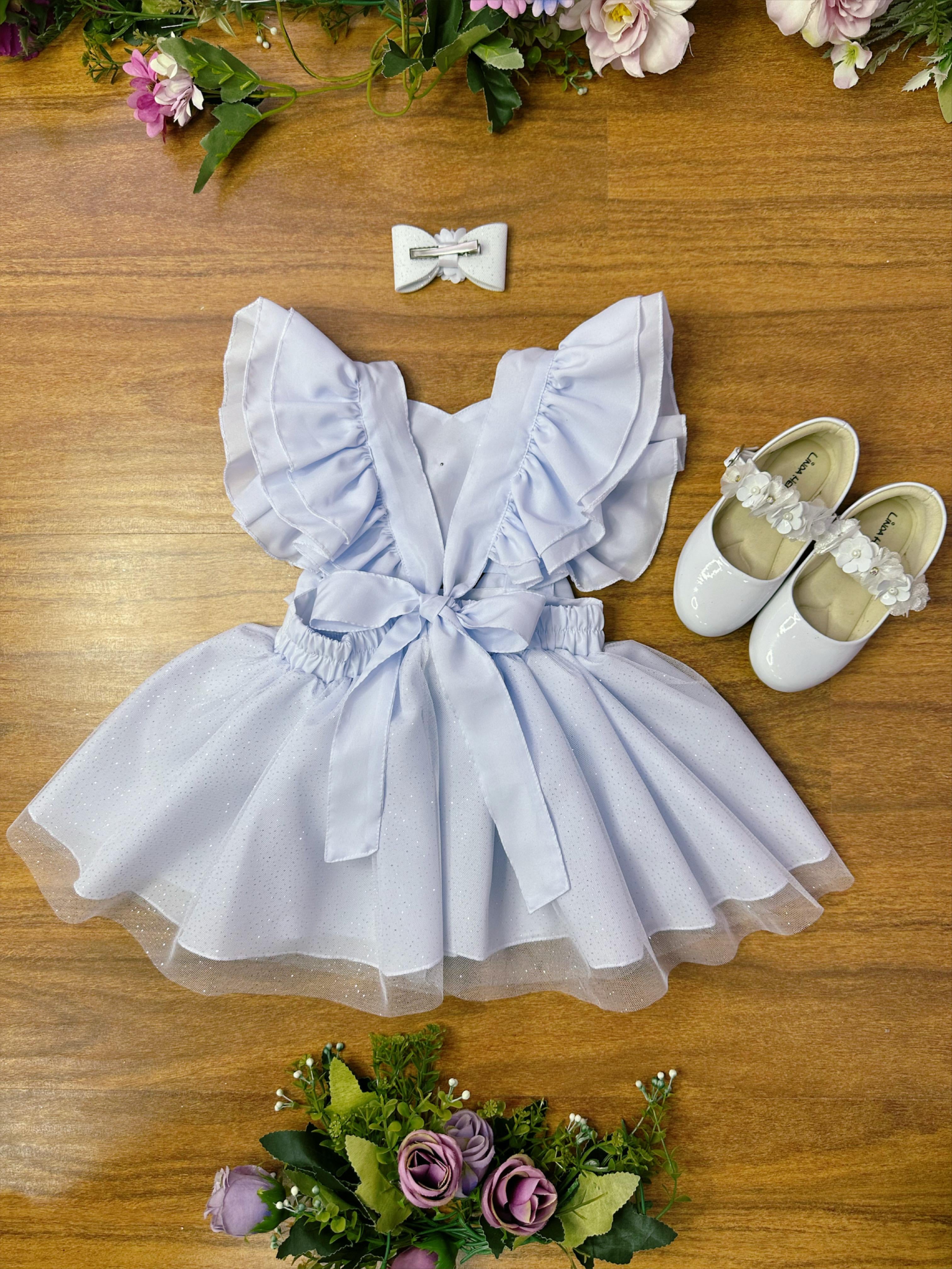 Romper Jardim Encantado Batizado Branco C/ Laço e Saia Glitter
