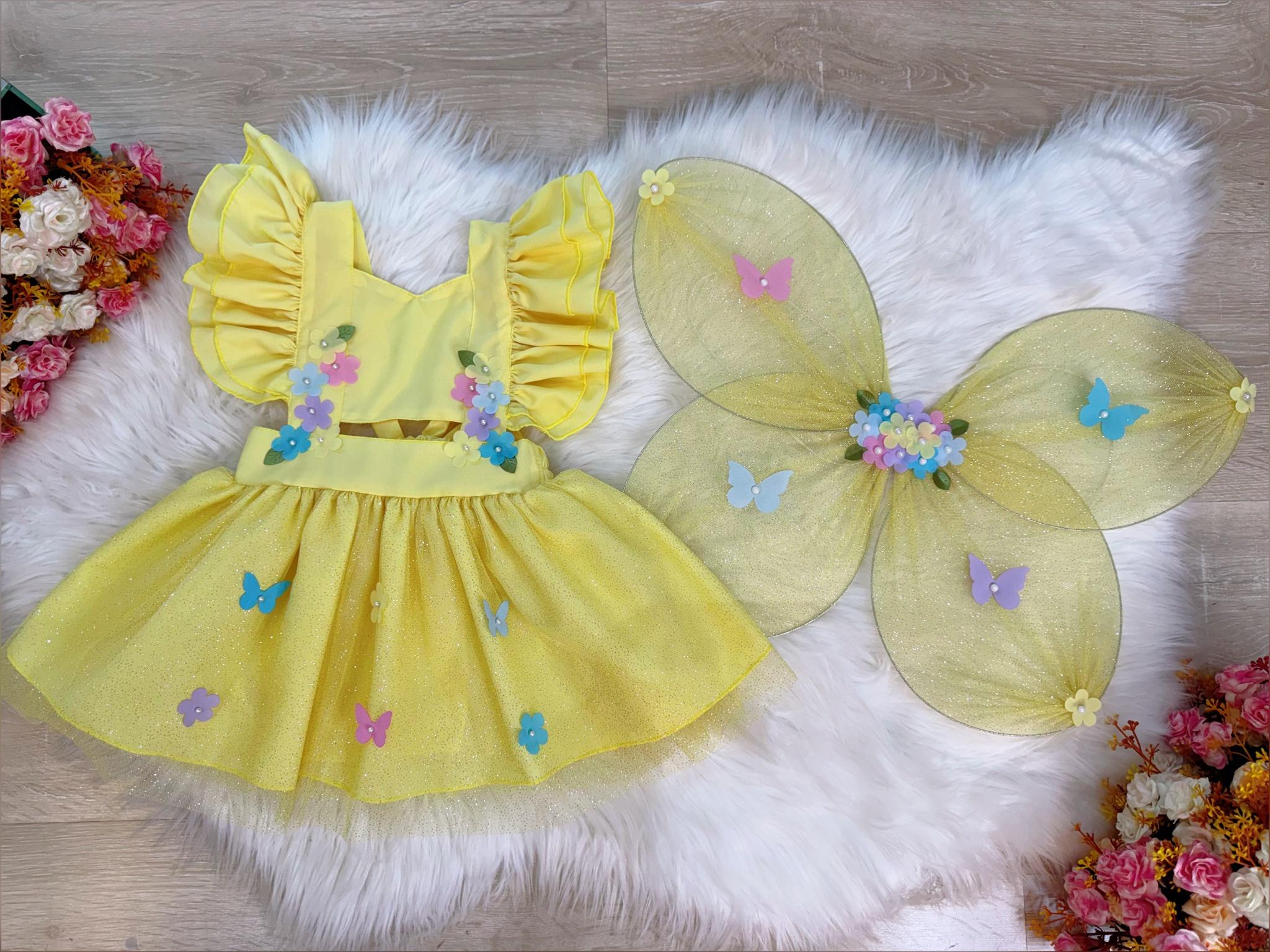 Romper Jardim Encantado Com Asa Amarelo Luxo