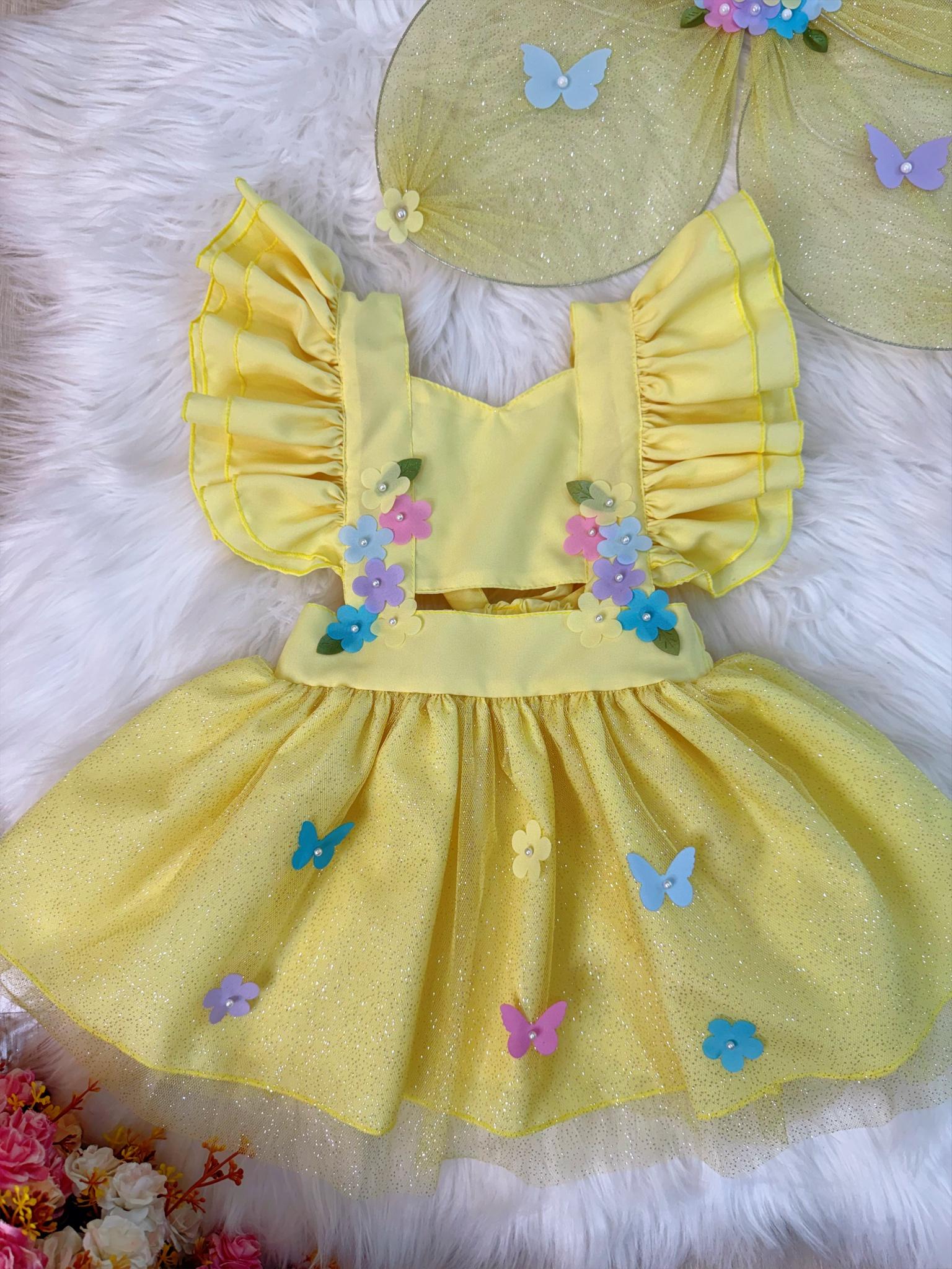 Romper Jardim Encantado Com Asa Amarelo Luxo