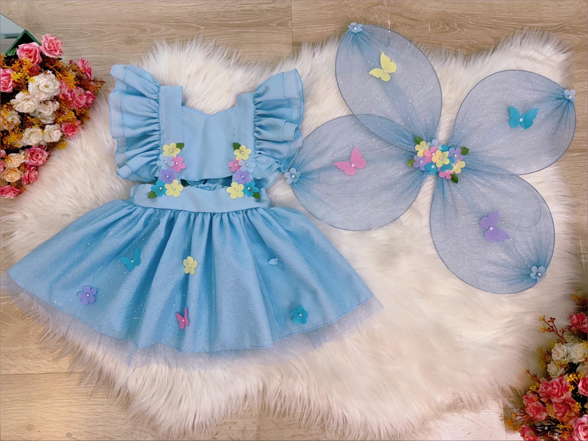 Romper Jardim Encantado Com Asa Azul Bebê Luxo