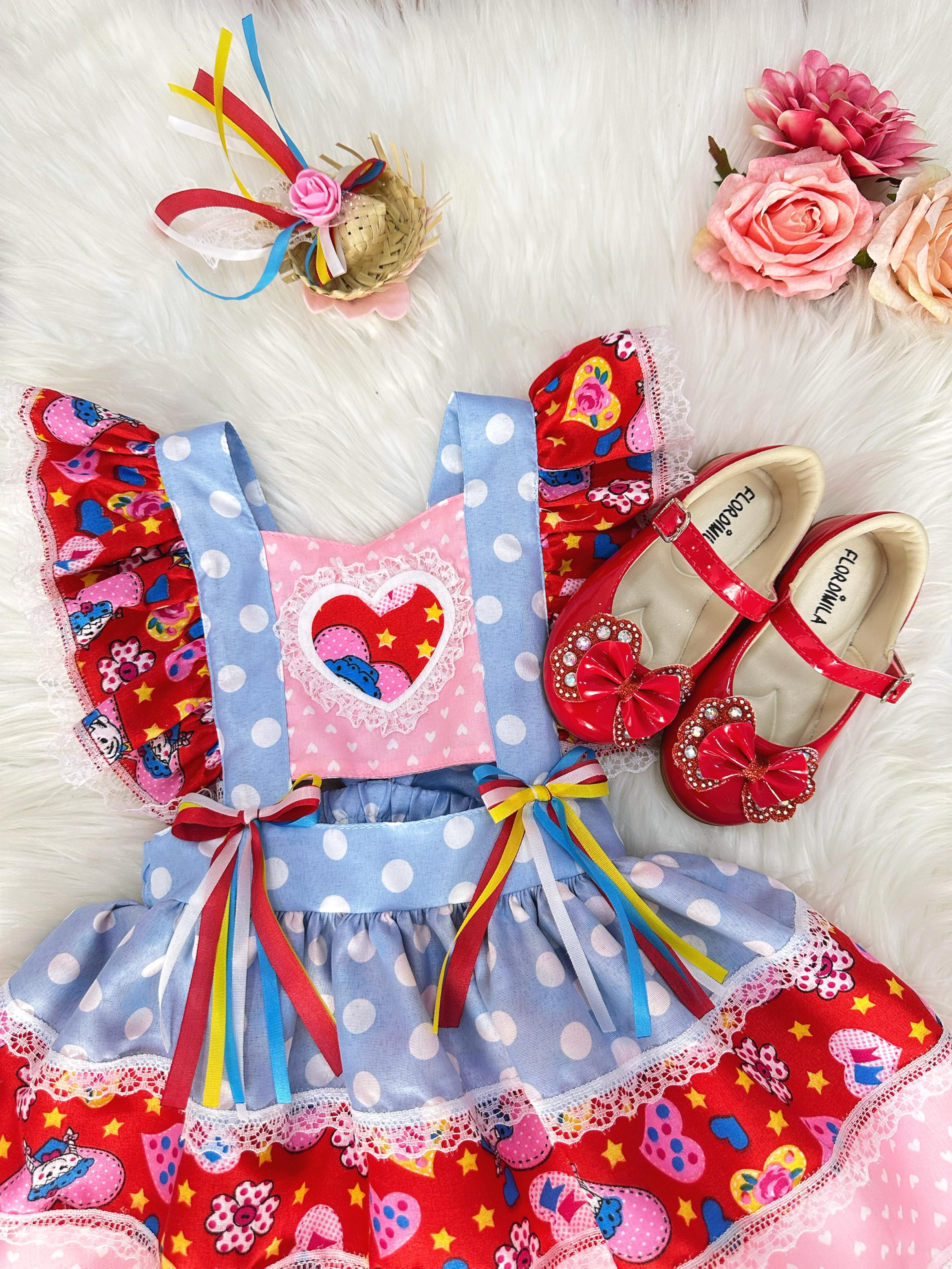 Romper Junino Azul Colorido Com Laço de Chapéuzinho