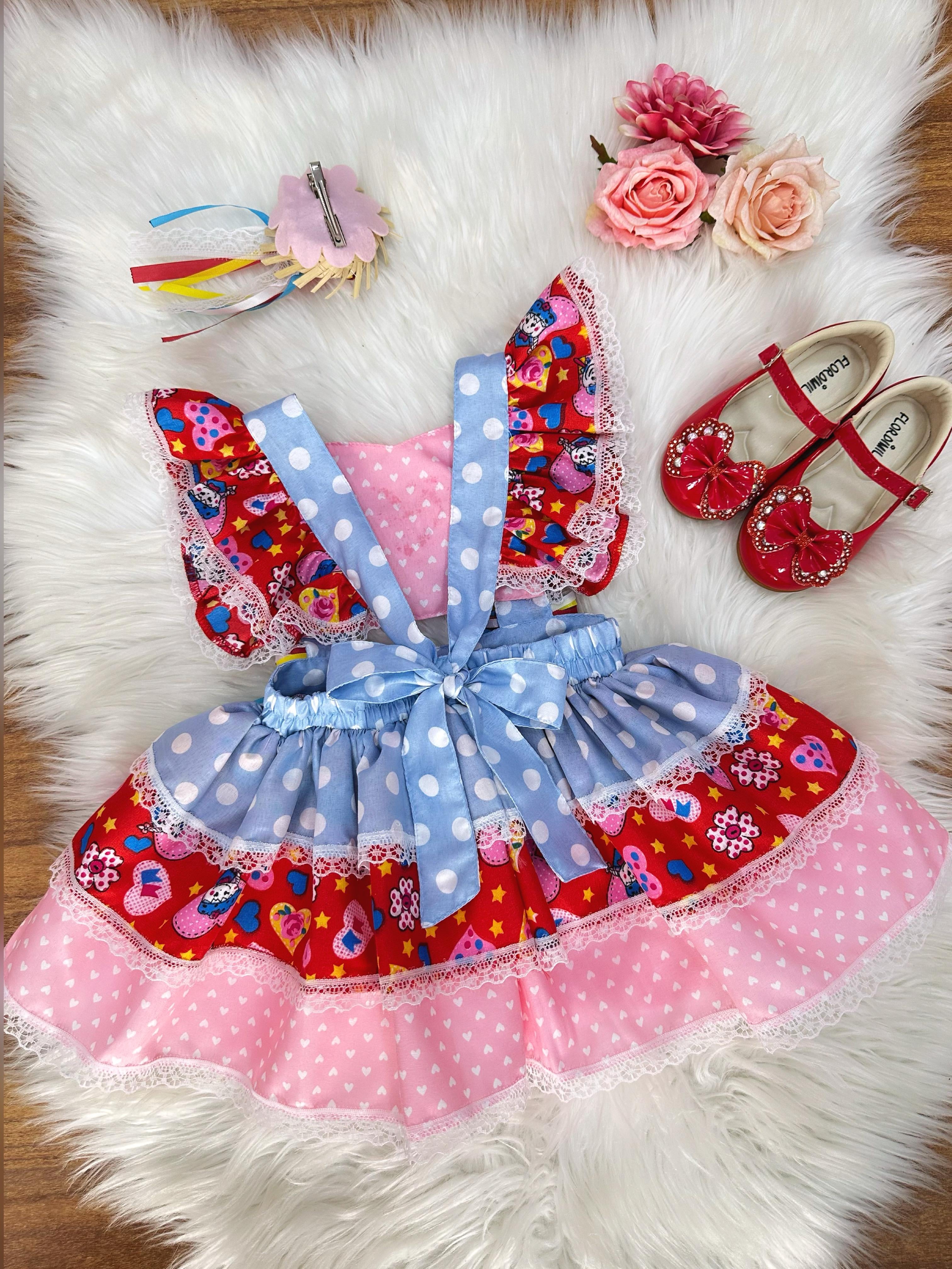 Romper Junino Azul Colorido Com Laço de Chapéuzinho