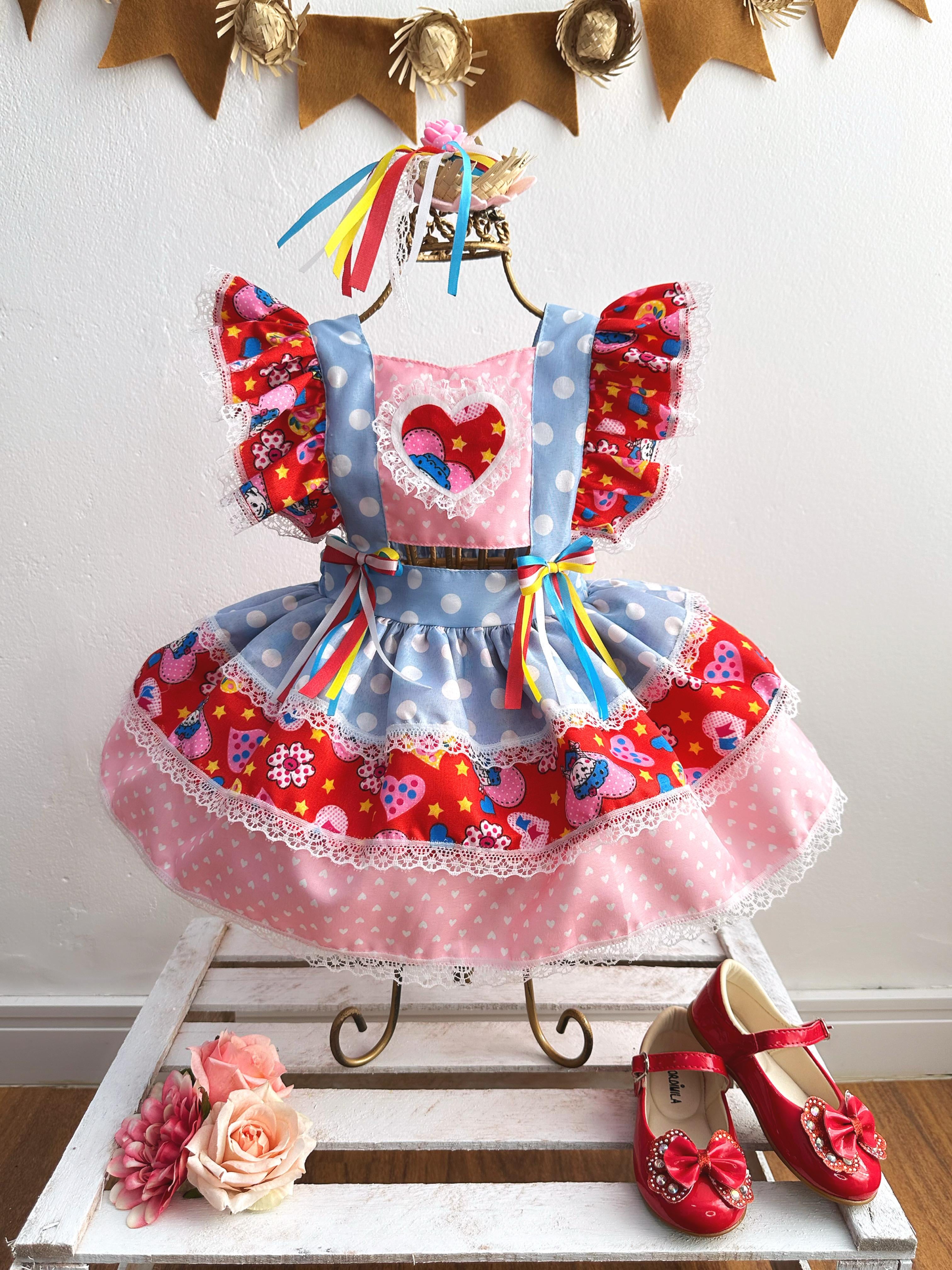 Romper Junino Azul Colorido Com Laço de Chapéuzinho