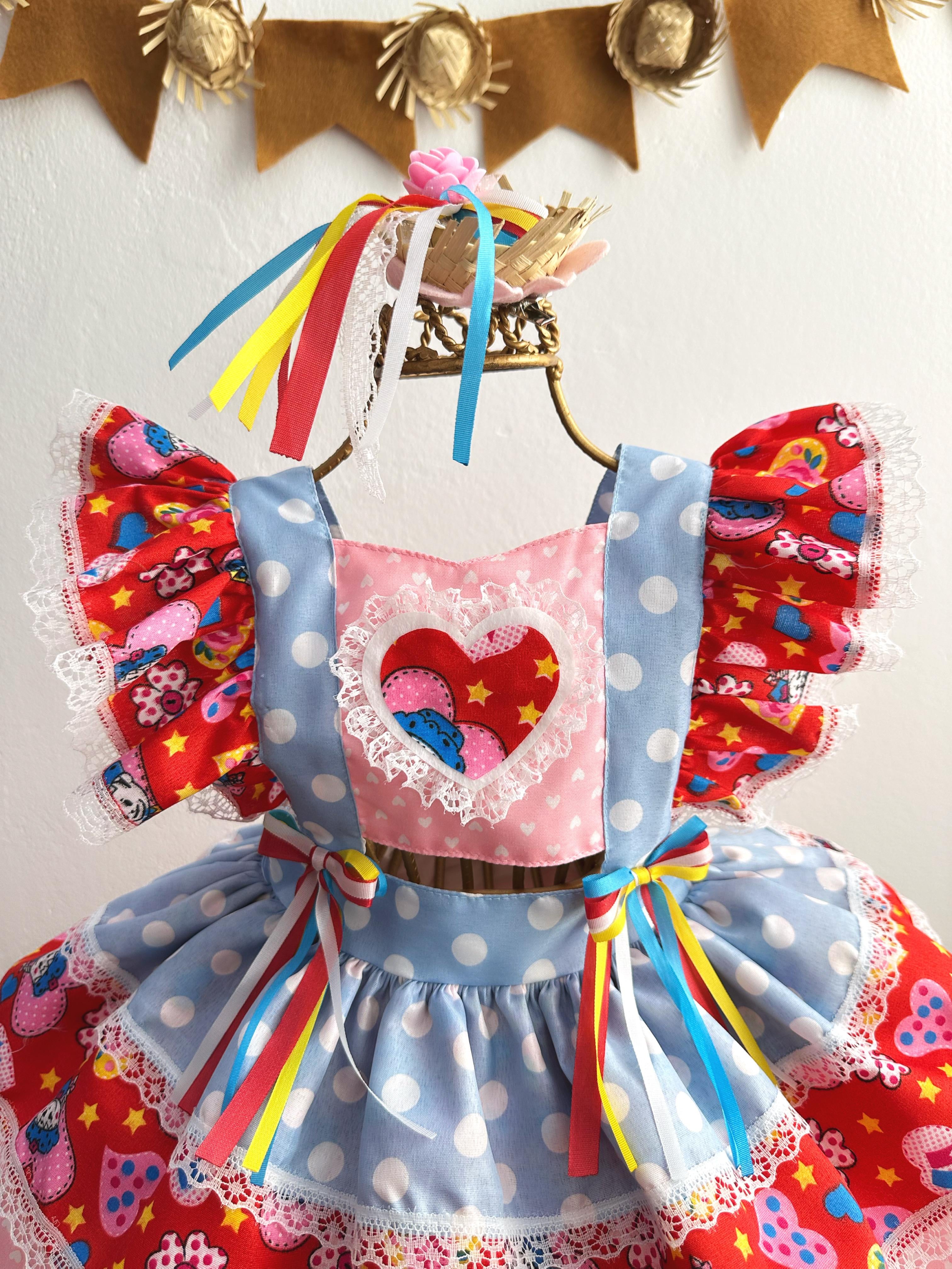 Romper Junino Azul Colorido Com Laço de Chapéuzinho