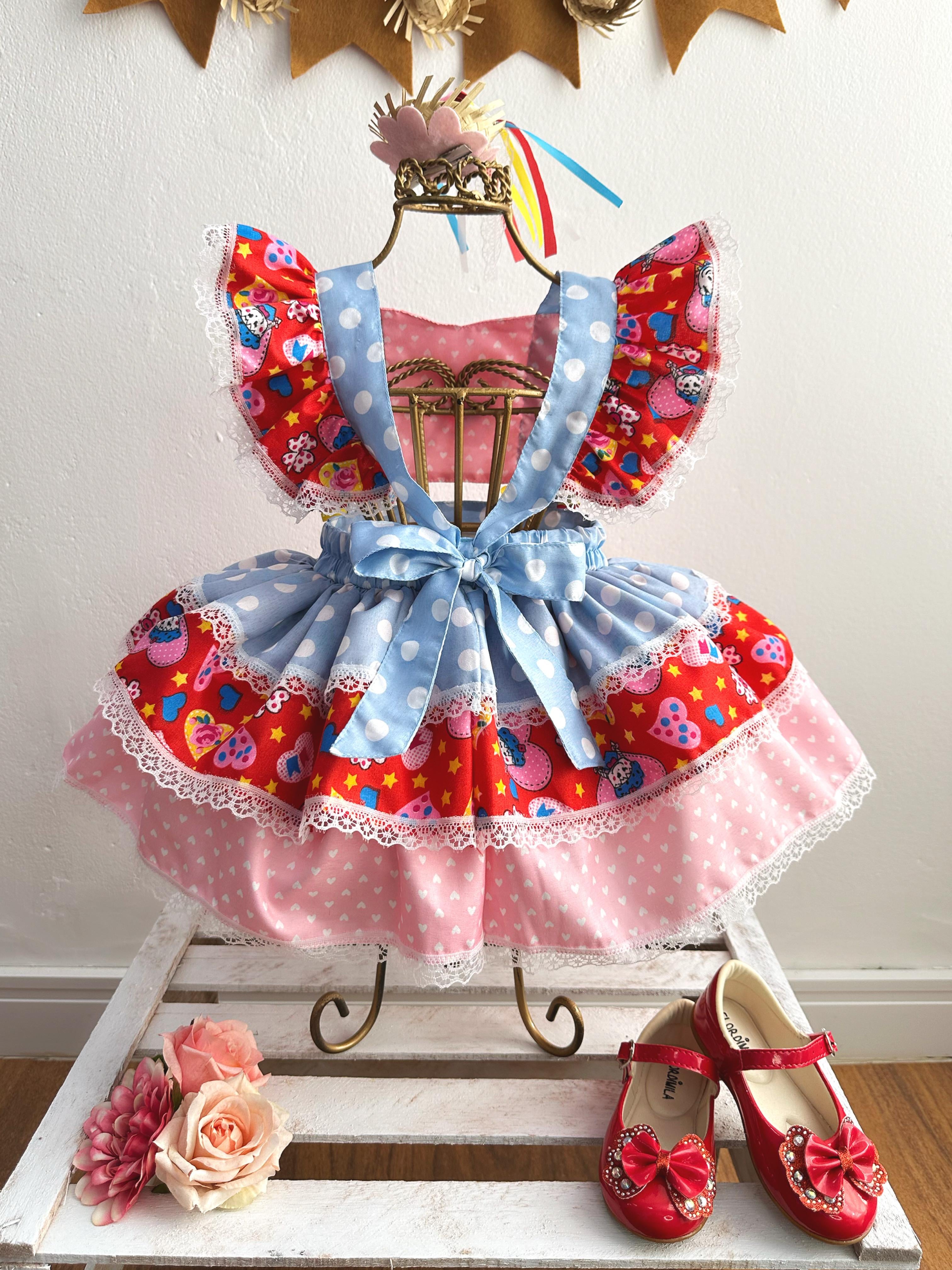 Romper Junino Azul Colorido Com Laço de Chapéuzinho