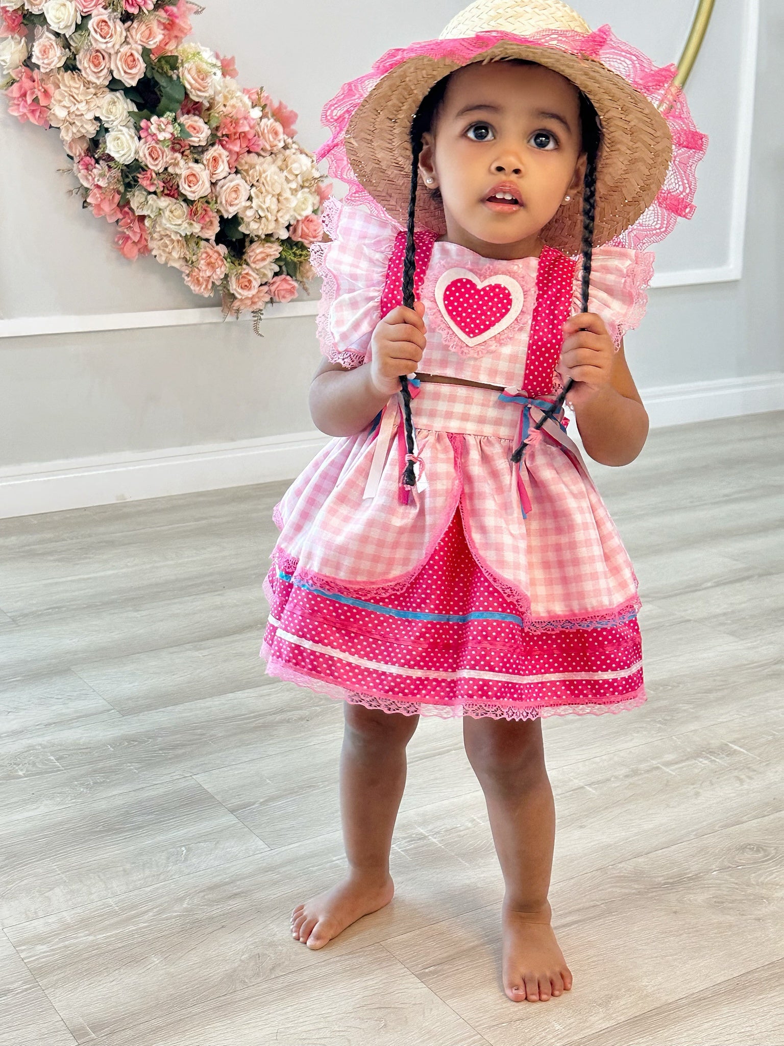 Romper Junino Rosa Claro Xadrez Com Laço de Chapéuzinho