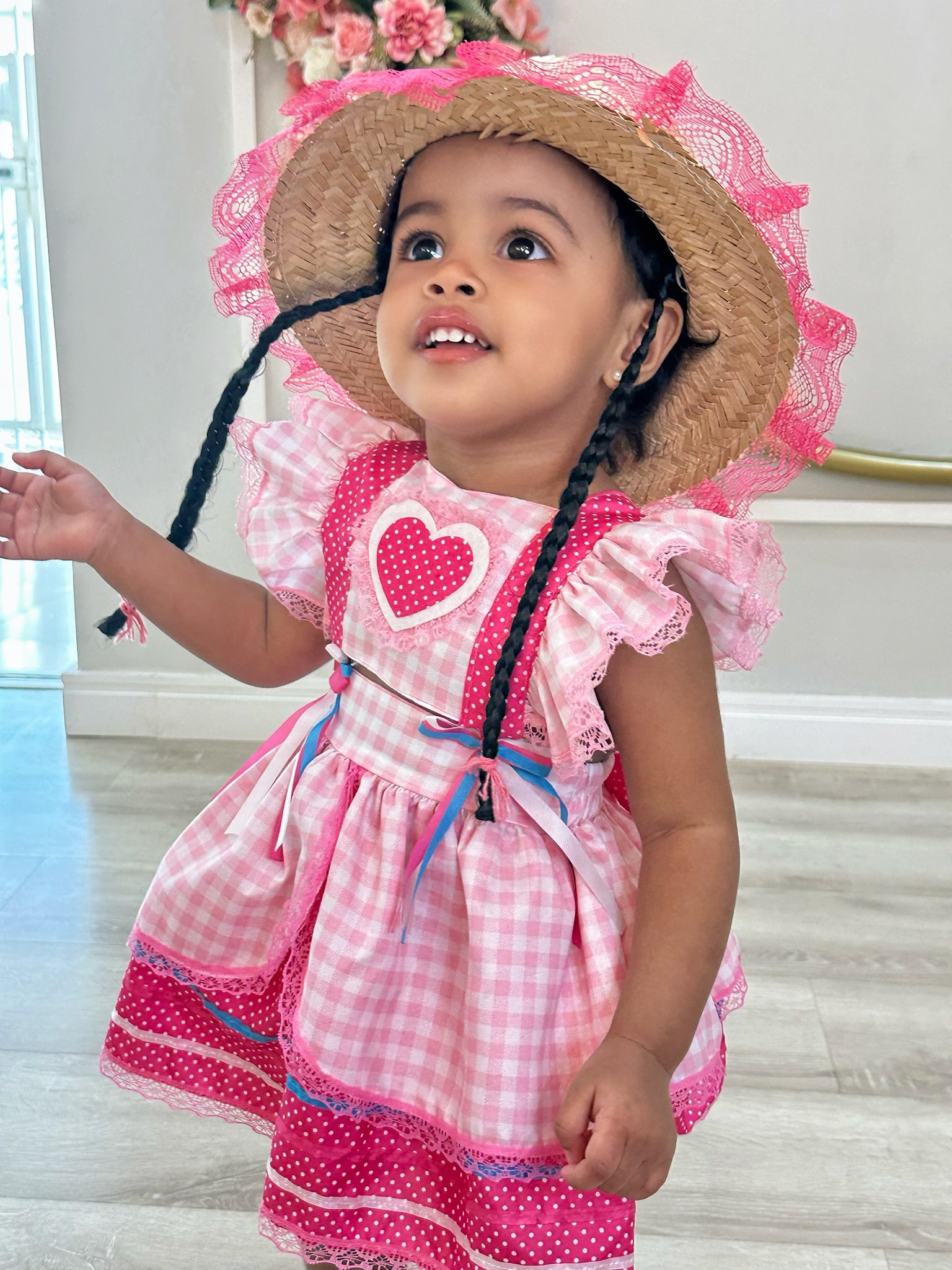 Romper Junino Rosa Claro Xadrez Com Laço de Chapéuzinho