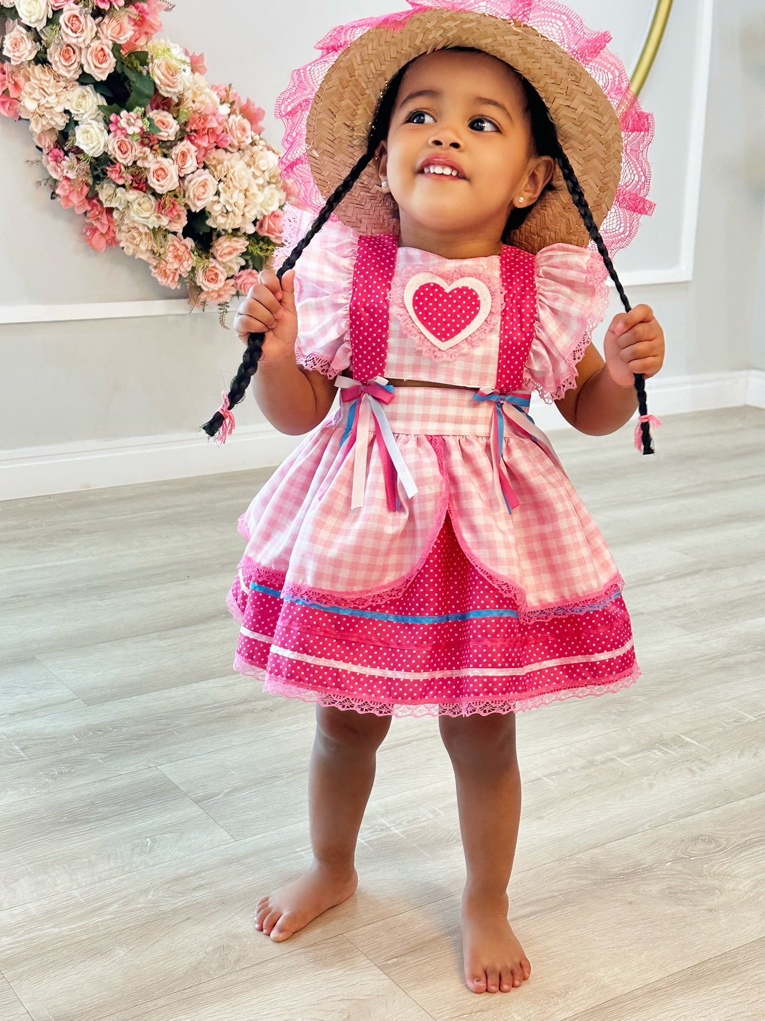 Romper Junino Rosa Claro Xadrez Com Laço de Chapéuzinho