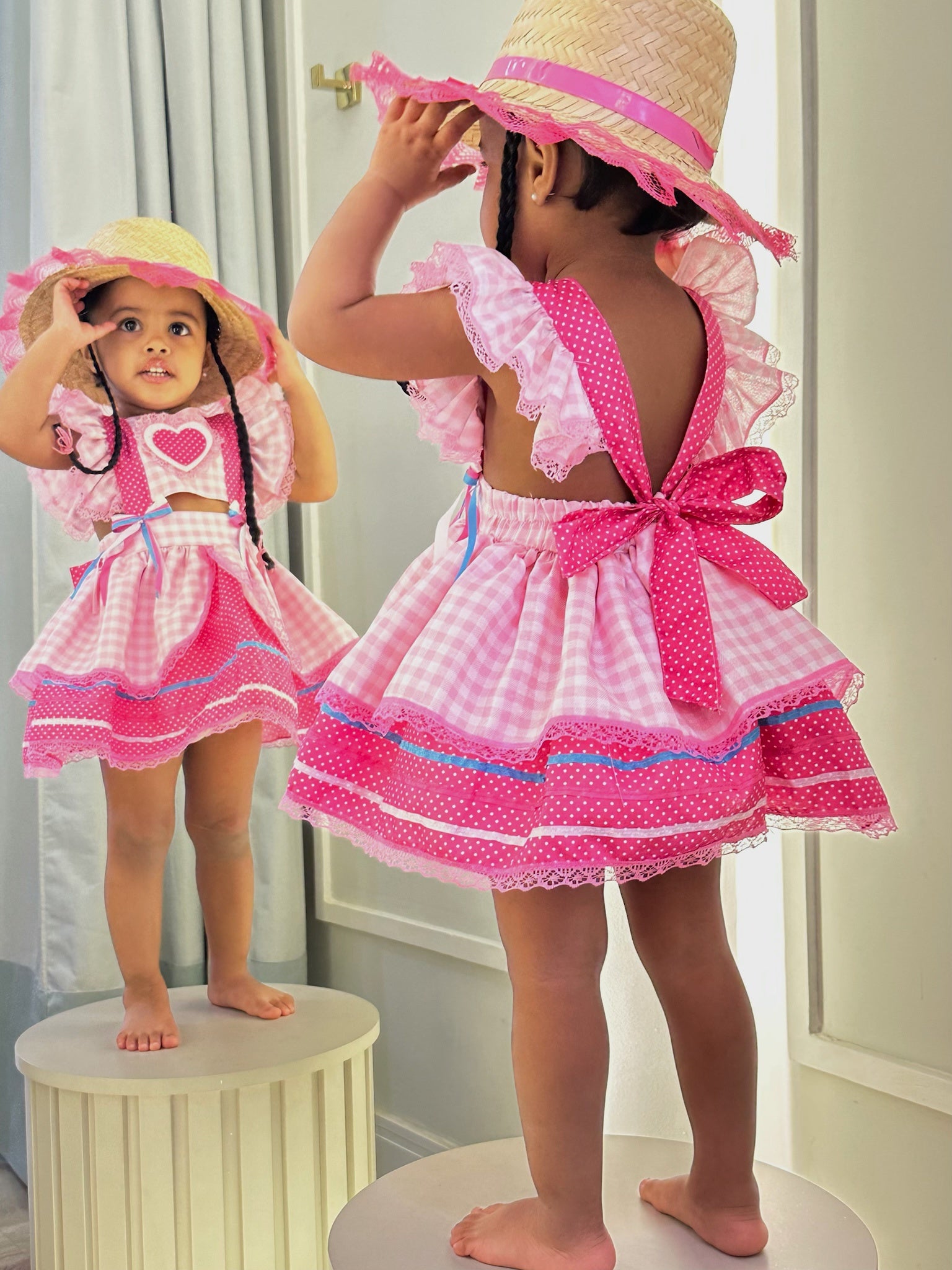 Romper Junino Rosa Claro Xadrez Com Laço de Chapéuzinho