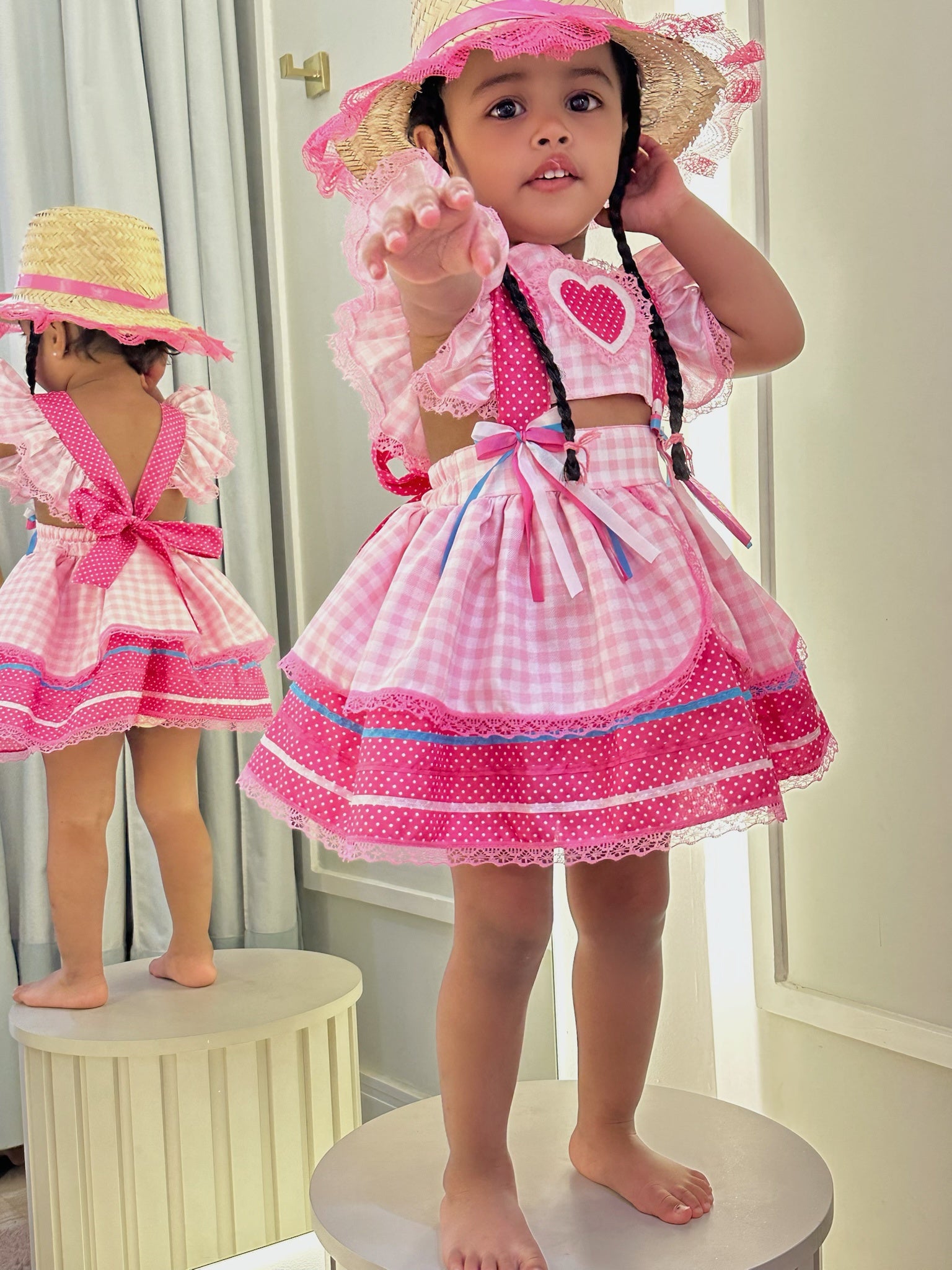 Romper Junino Rosa Claro Xadrez Com Laço de Chapéuzinho