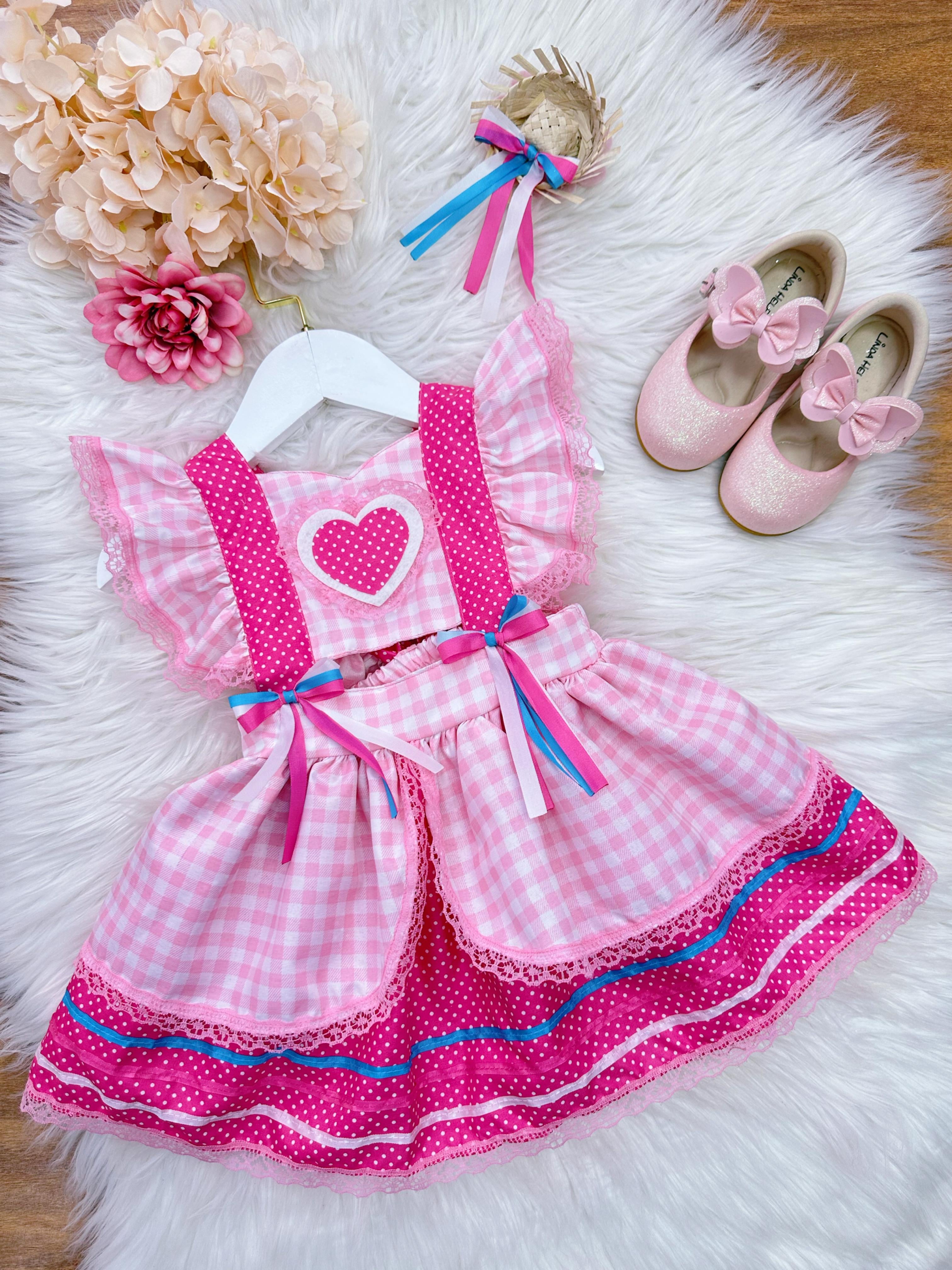 Romper Junino Rosa Claro Xadrez Com Laço de Chapéuzinho