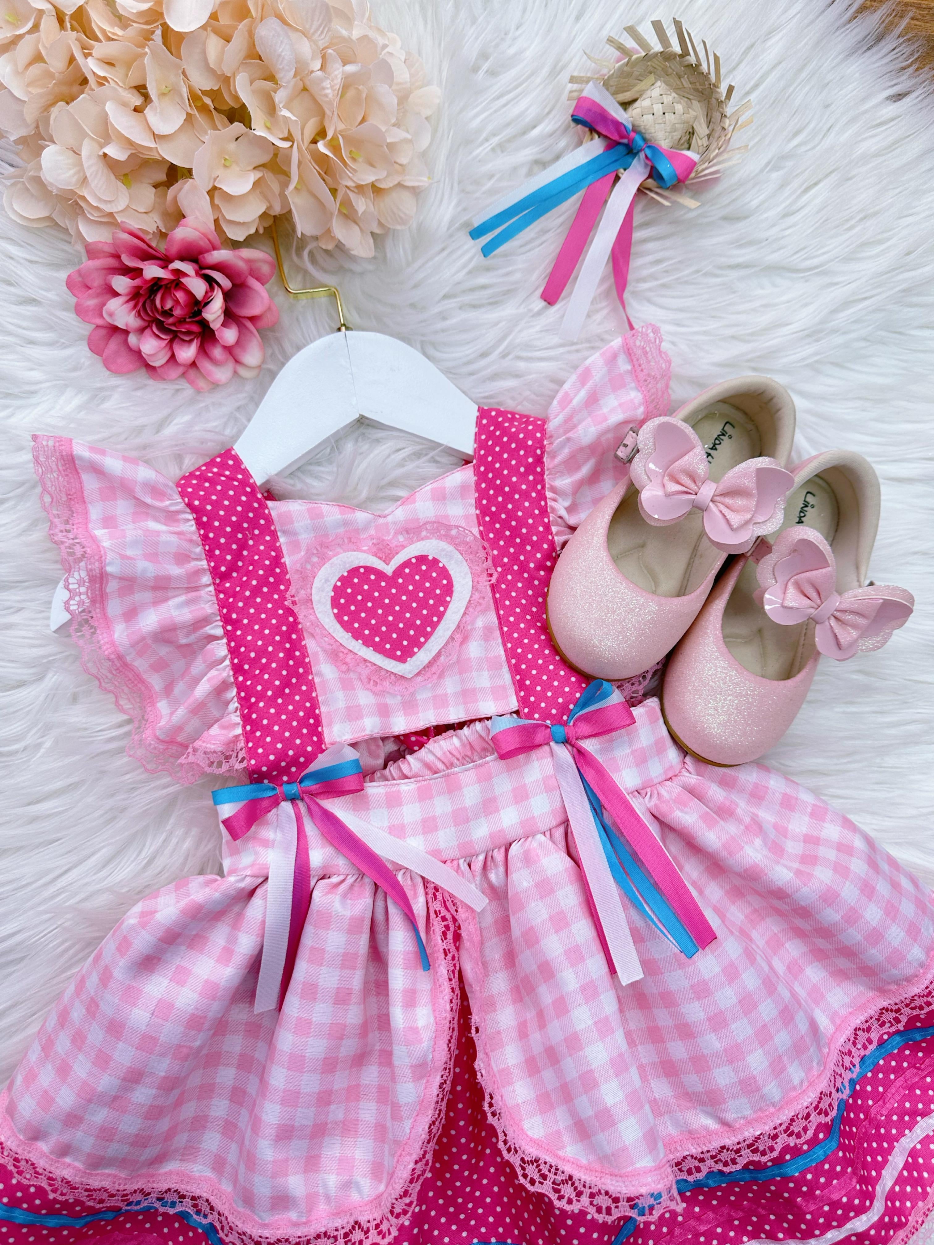 Romper Junino Rosa Claro Xadrez Com Laço de Chapéuzinho