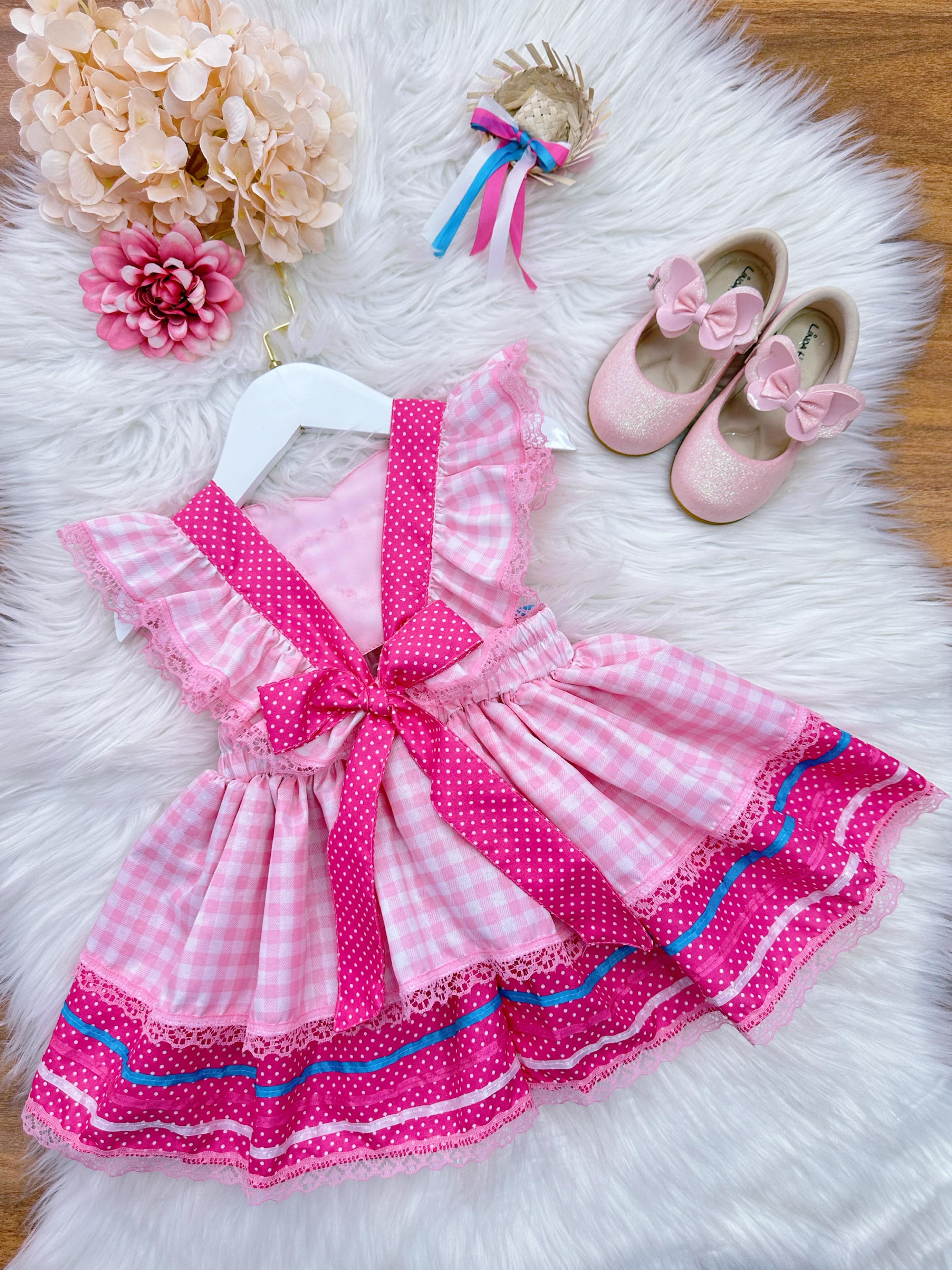 Romper Junino Rosa Claro Xadrez Com Laço de Chapéuzinho