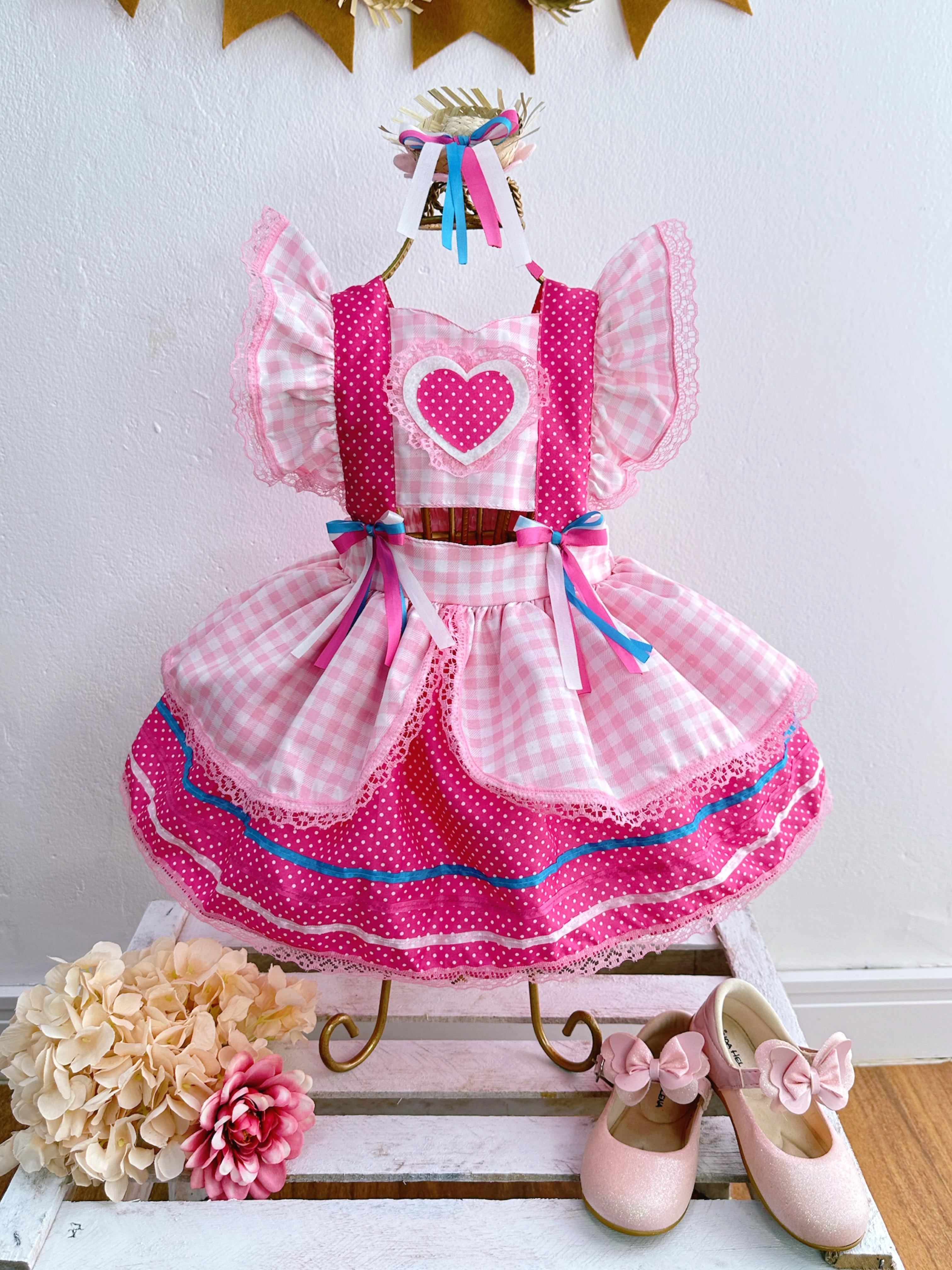 Romper Junino Rosa Claro Xadrez Com Laço de Chapéuzinho