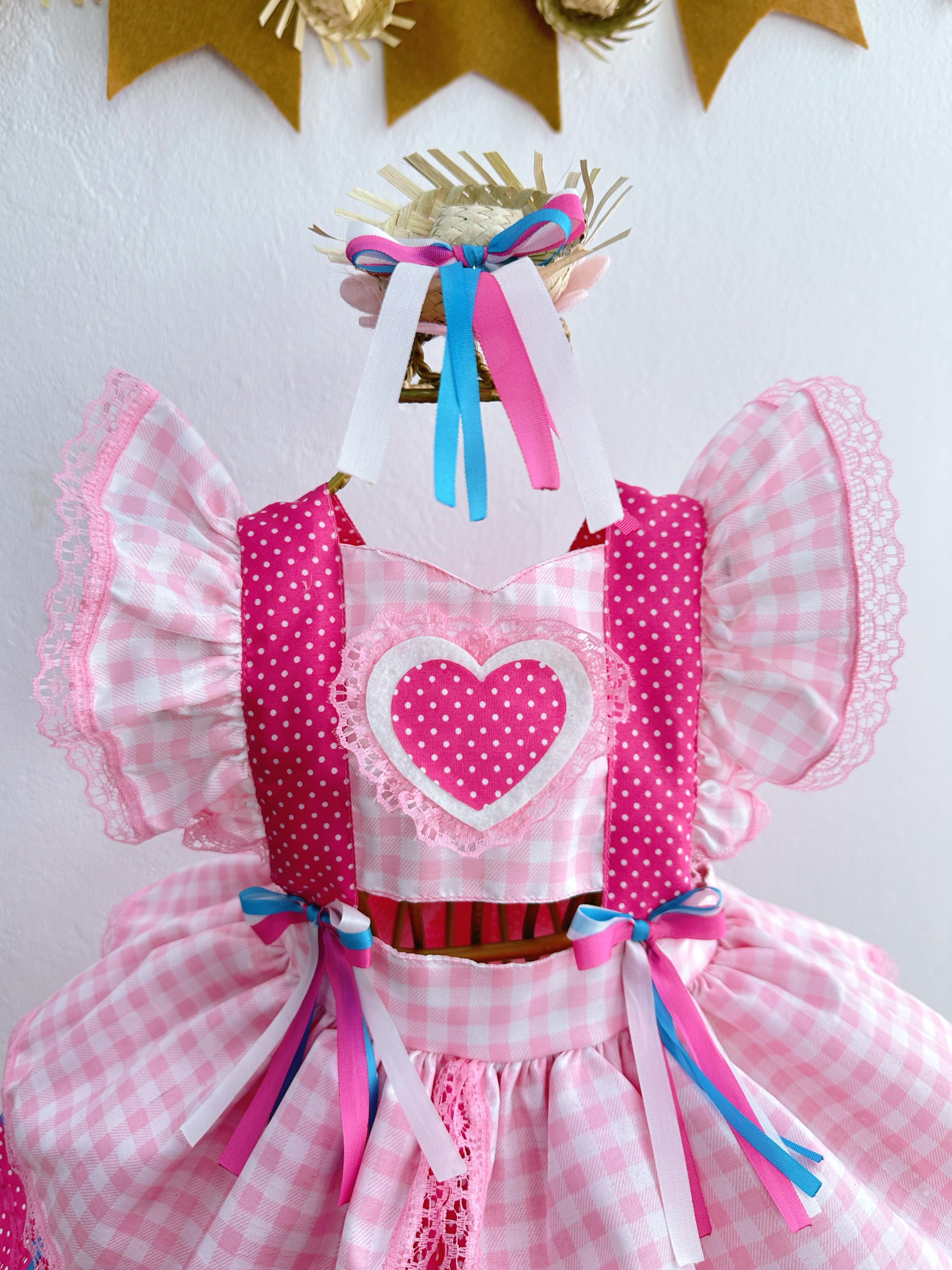 Romper Junino Rosa Claro Xadrez Com Laço de Chapéuzinho