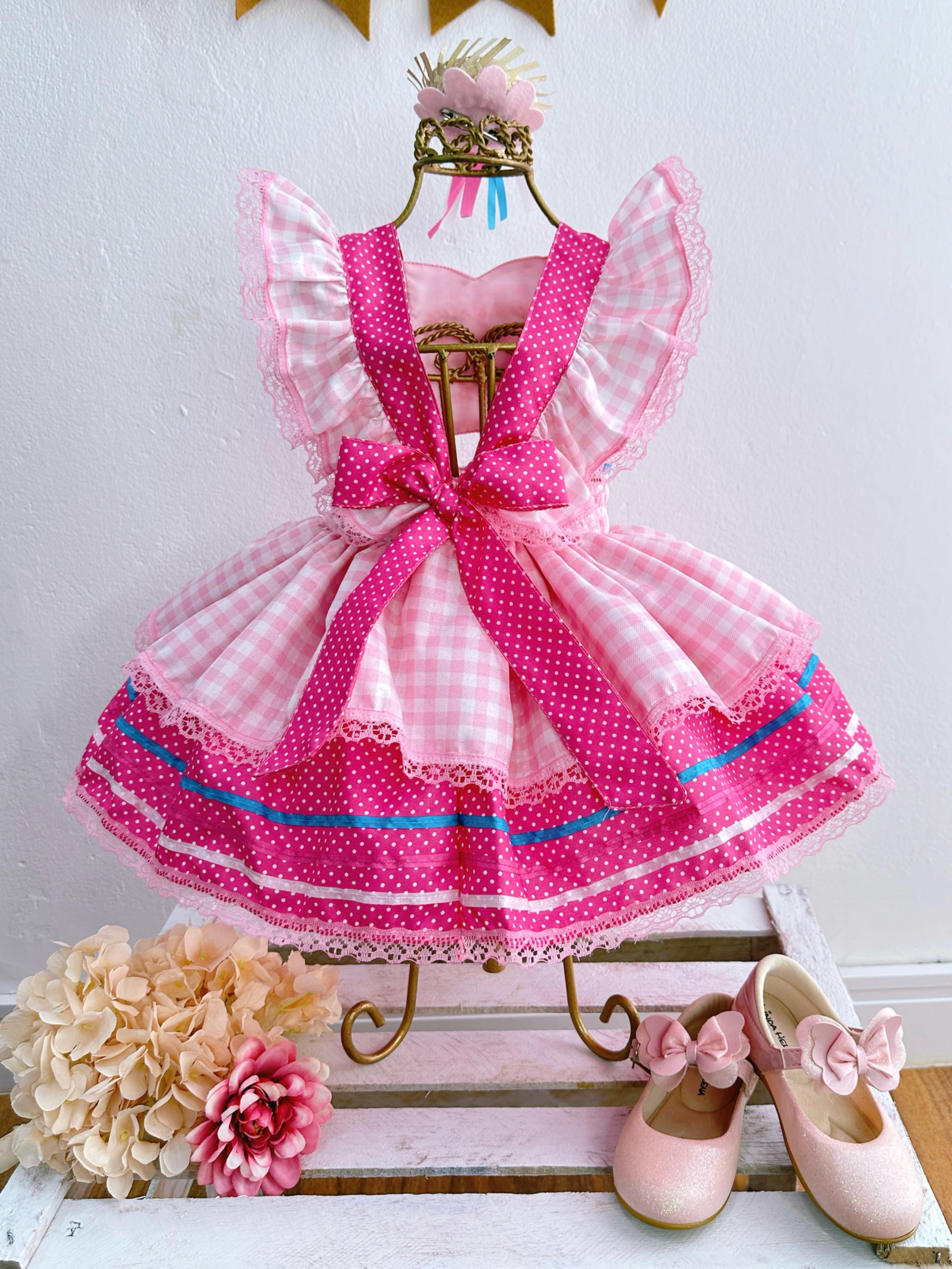 Romper Junino Rosa Claro Xadrez Com Laço de Chapéuzinho