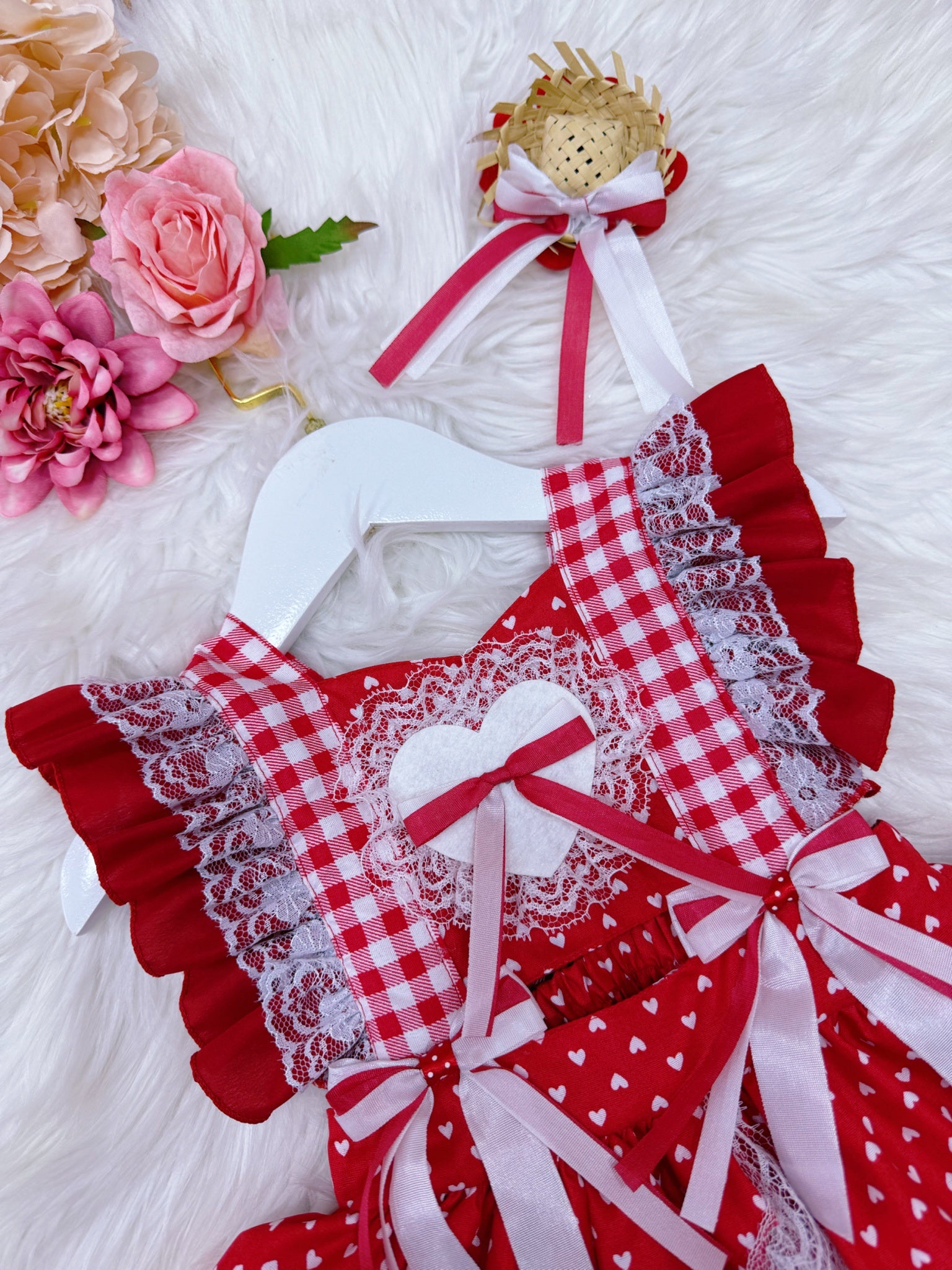 Romper Junino Vermelho Xadrez Com Laço de Chapéuzinho