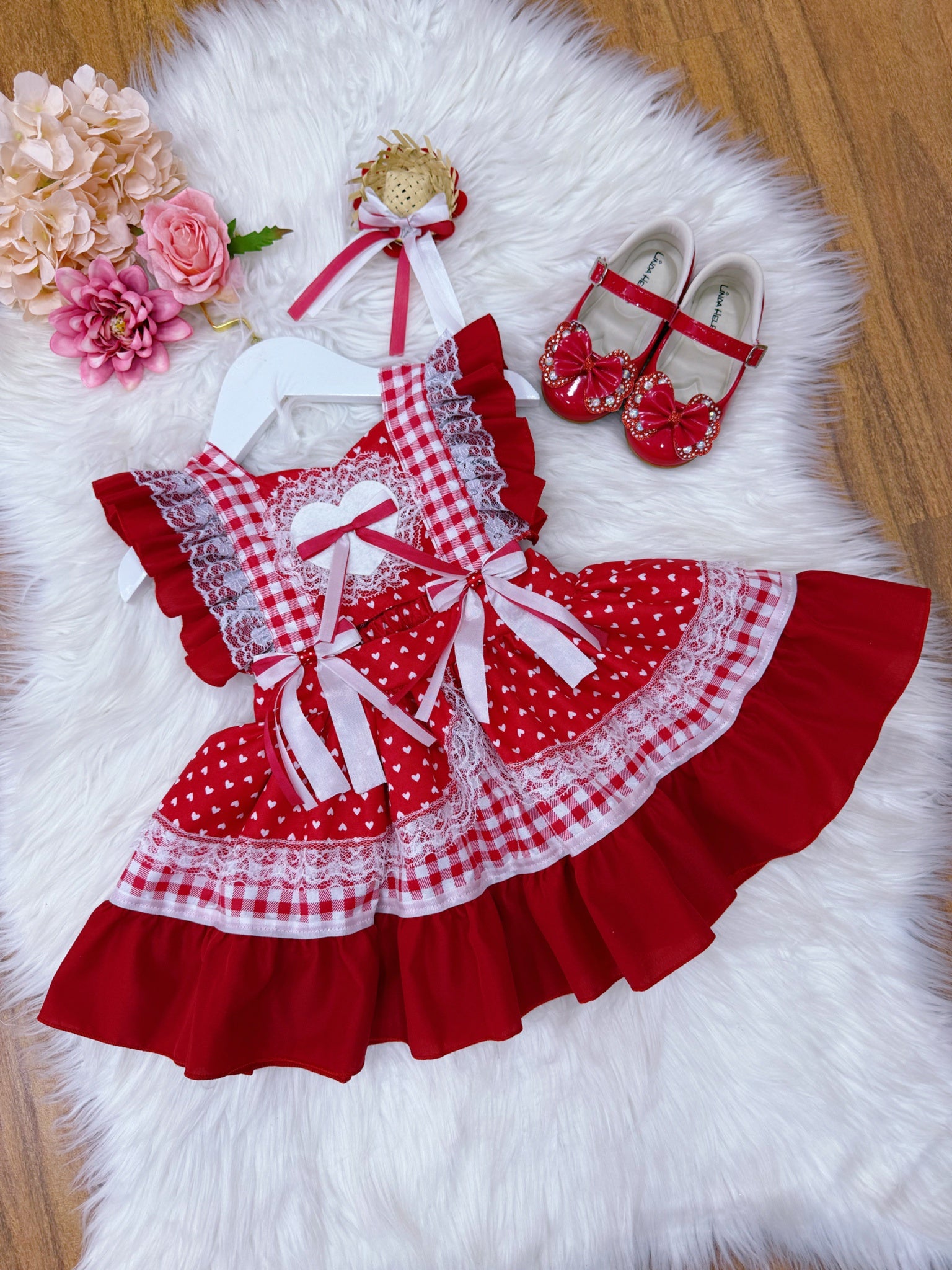 Romper Junino Vermelho Xadrez Com Laço de Chapéuzinho