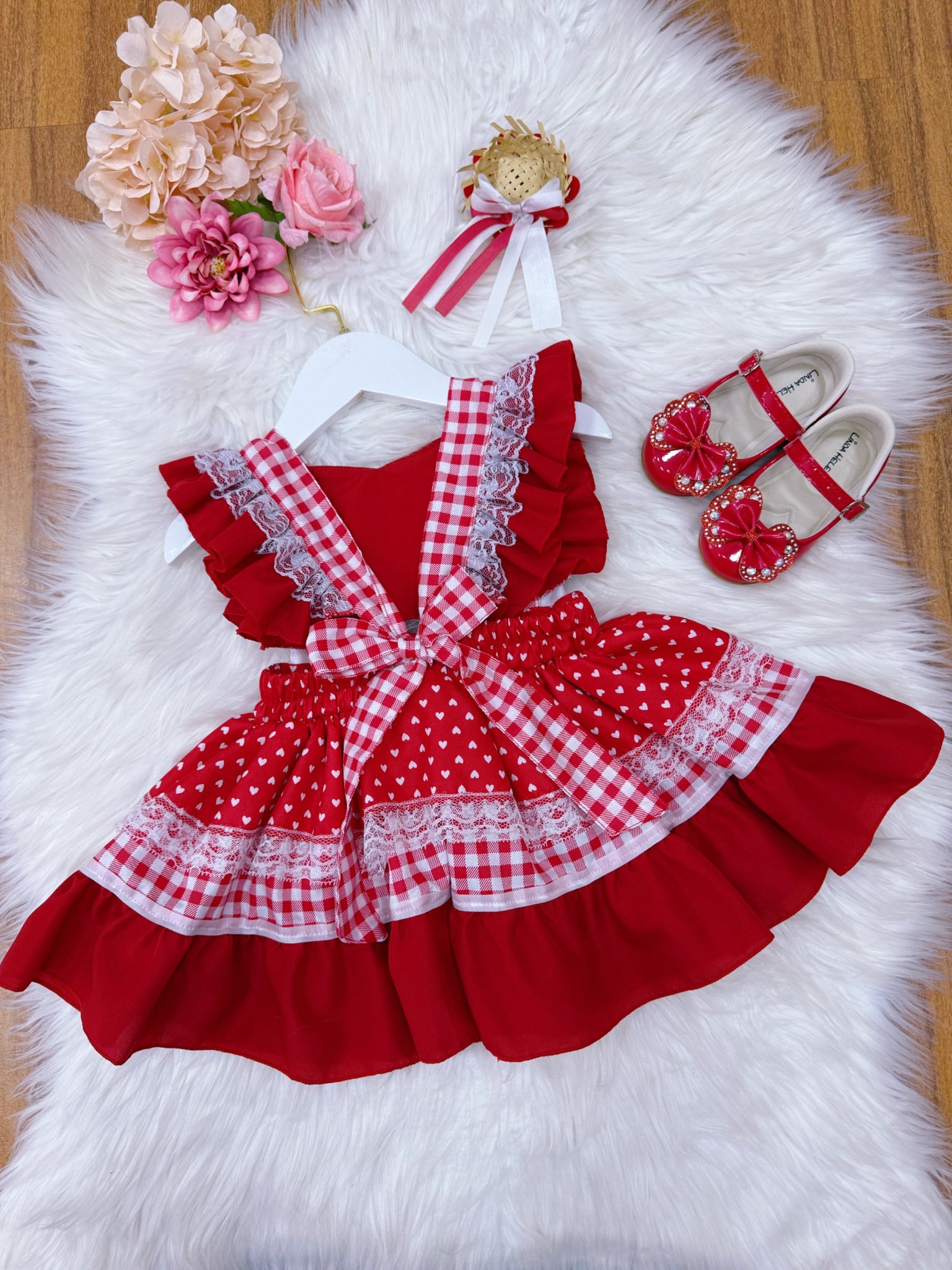 Romper Junino Vermelho Xadrez Com Laço de Chapéuzinho