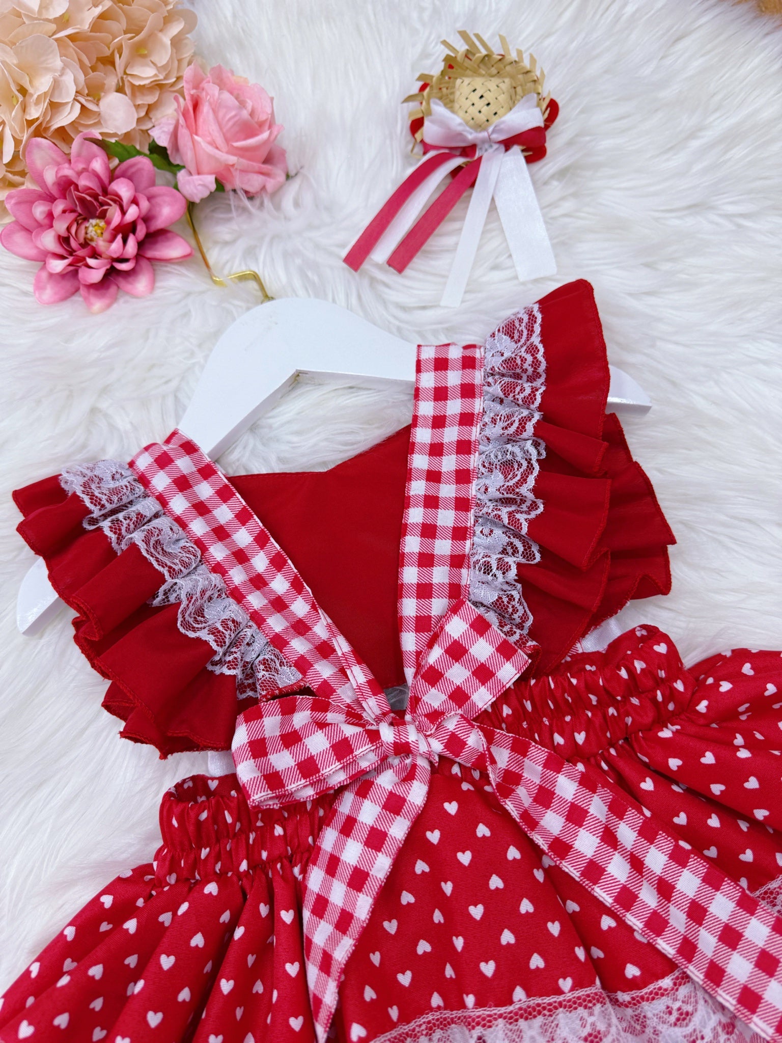 Romper Junino Vermelho Xadrez Com Laço de Chapéuzinho
