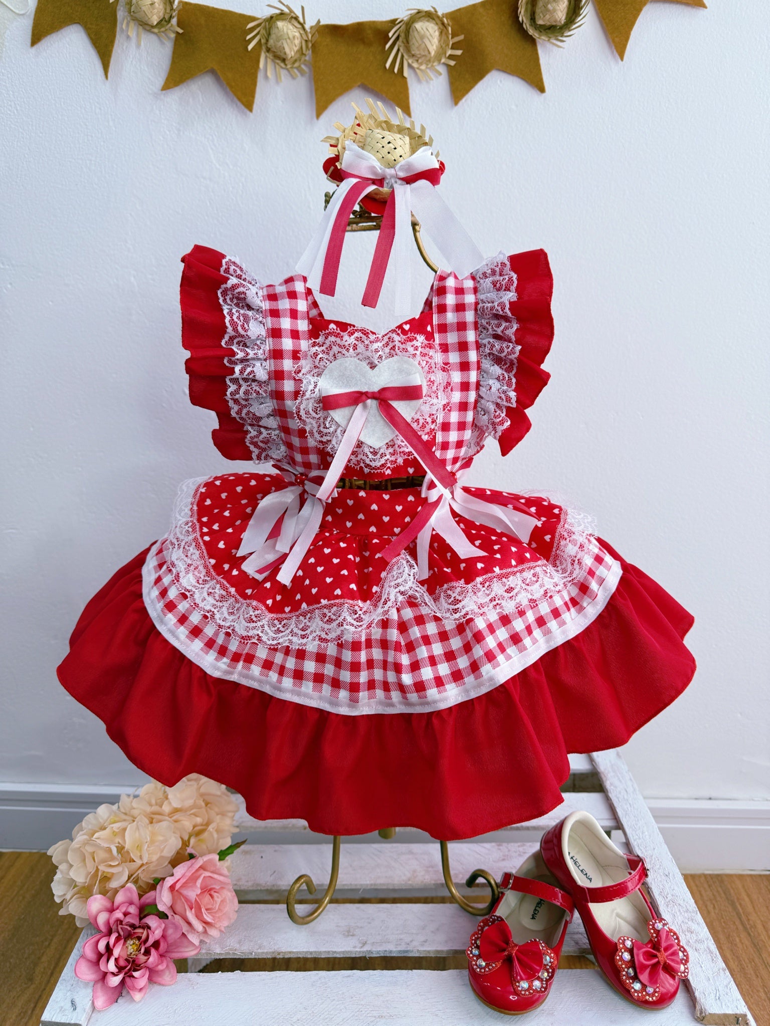 Romper Junino Vermelho Xadrez Com Laço de Chapéuzinho