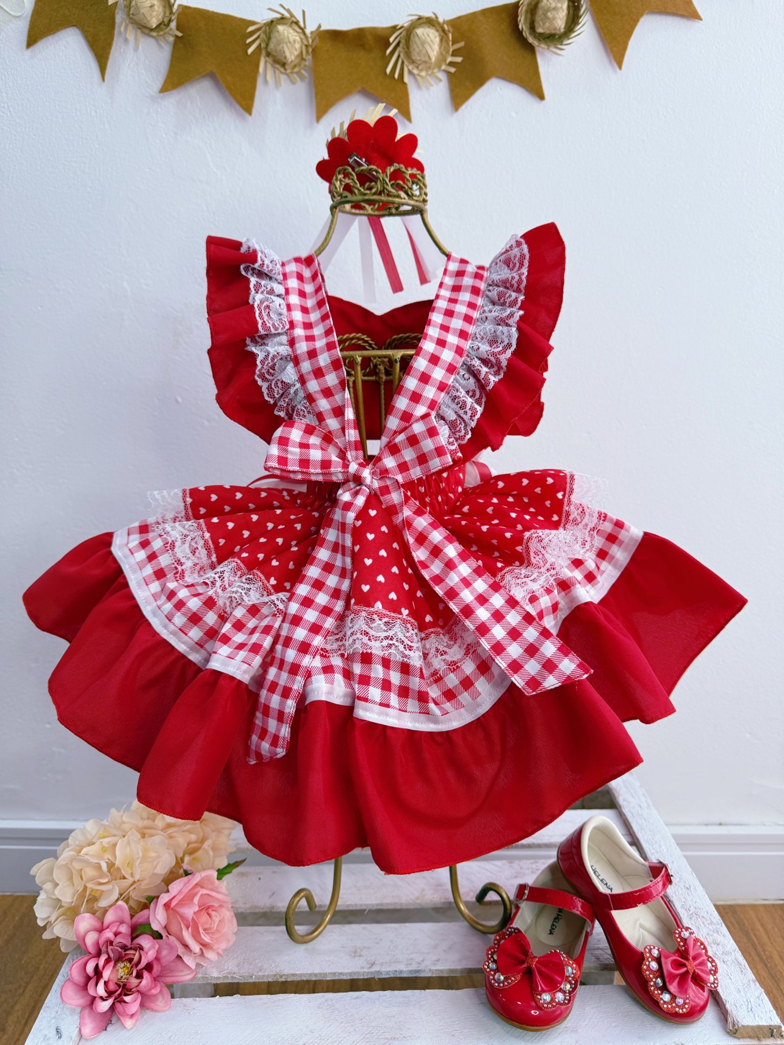 Romper Junino Vermelho Xadrez Com Laço de Chapéuzinho