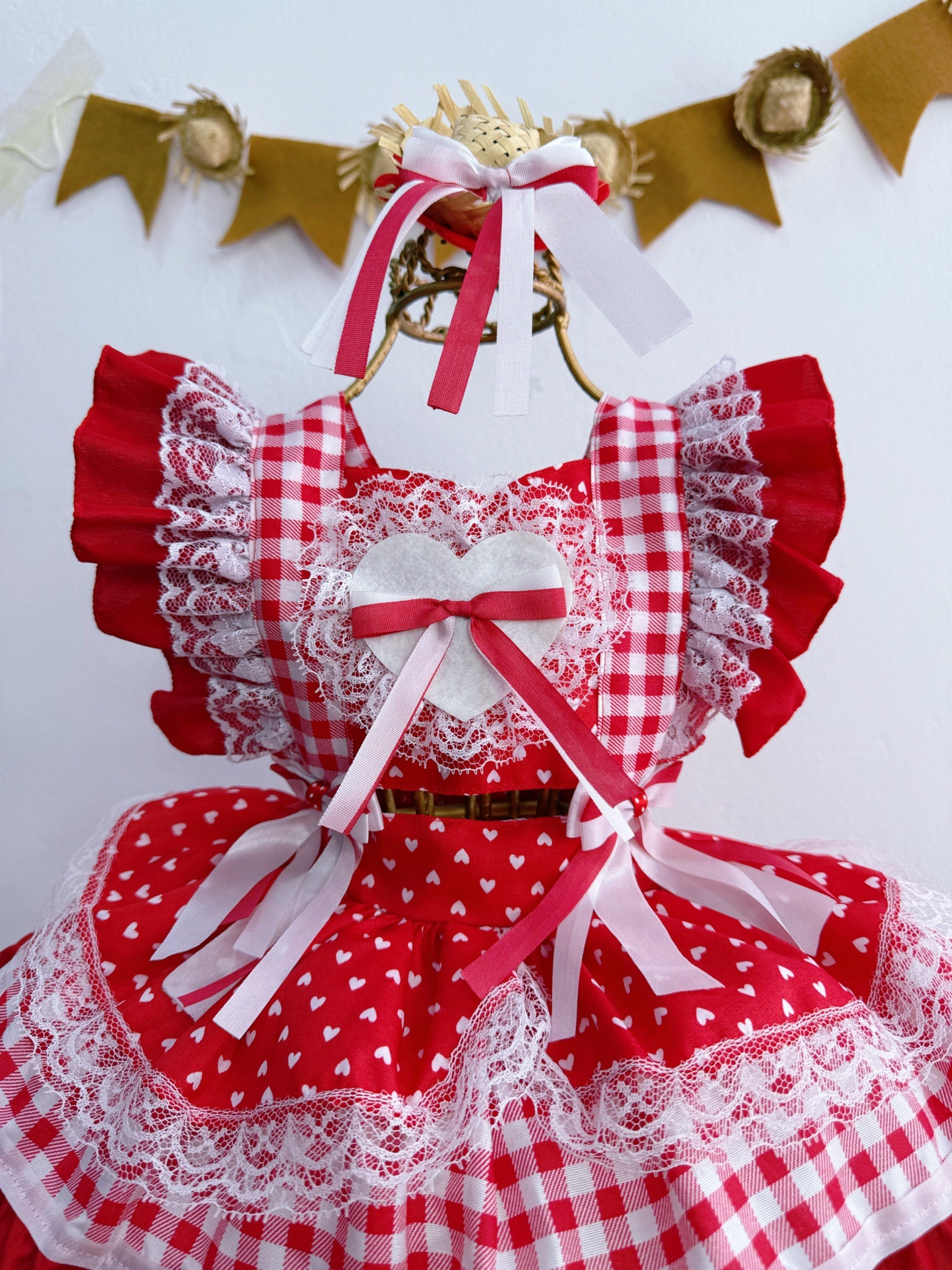 Romper Junino Vermelho Xadrez Com Laço de Chapéuzinho
