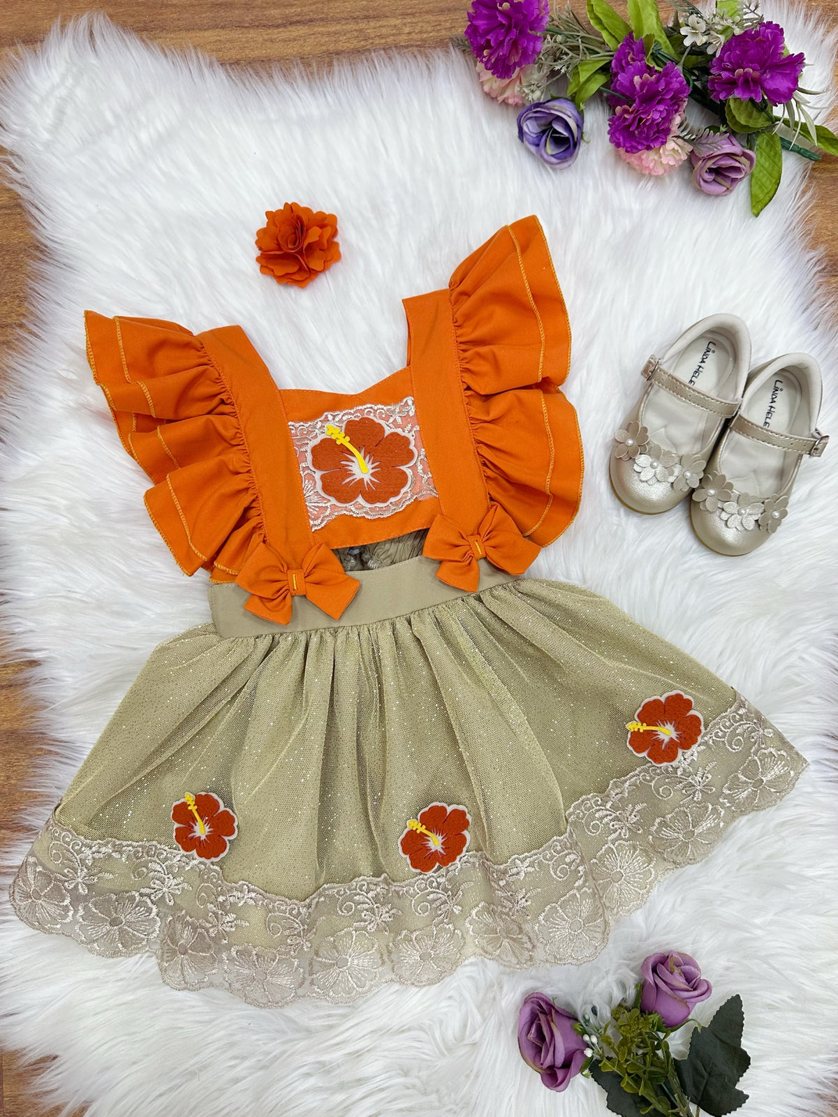 Romper Moana Laranja Glitter Festas Super Luxo