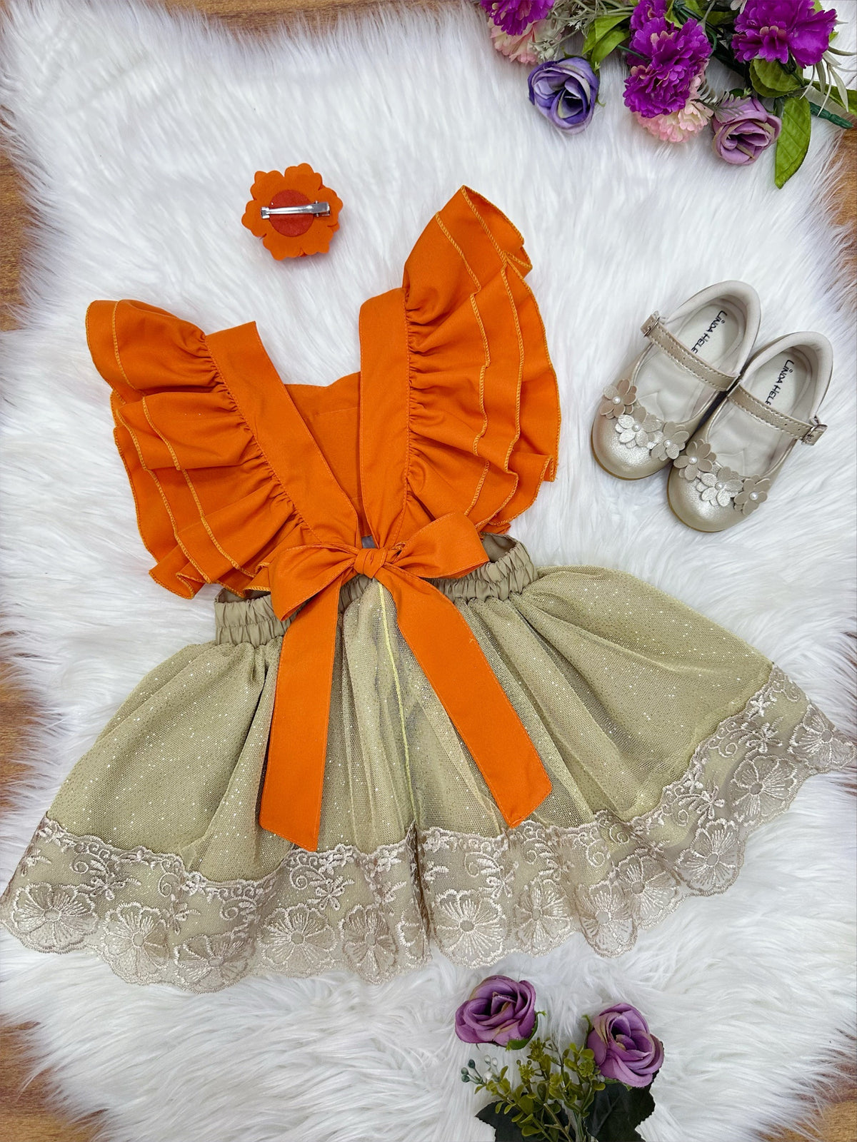 Romper Moana Laranja Glitter Festas Super Luxo